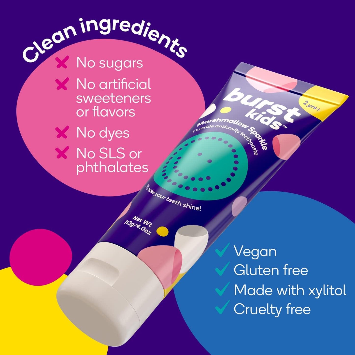 BURST Bubblegum Bonanza Kids Toothpaste with Fluoride (4oz) | Great Tasting | Flavored for Children & Toddlers | Anticavity | Dye Free & Vegan | Safe for Kids Ages 2+