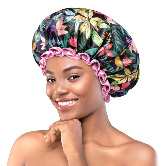 mikimini Shower Cap for Women and Grils,Pack of 2,Rainforest Bath Shower Caps with Pink Lace,Reusable Waterproof Shower Hat for Girls (Medium,Floral)