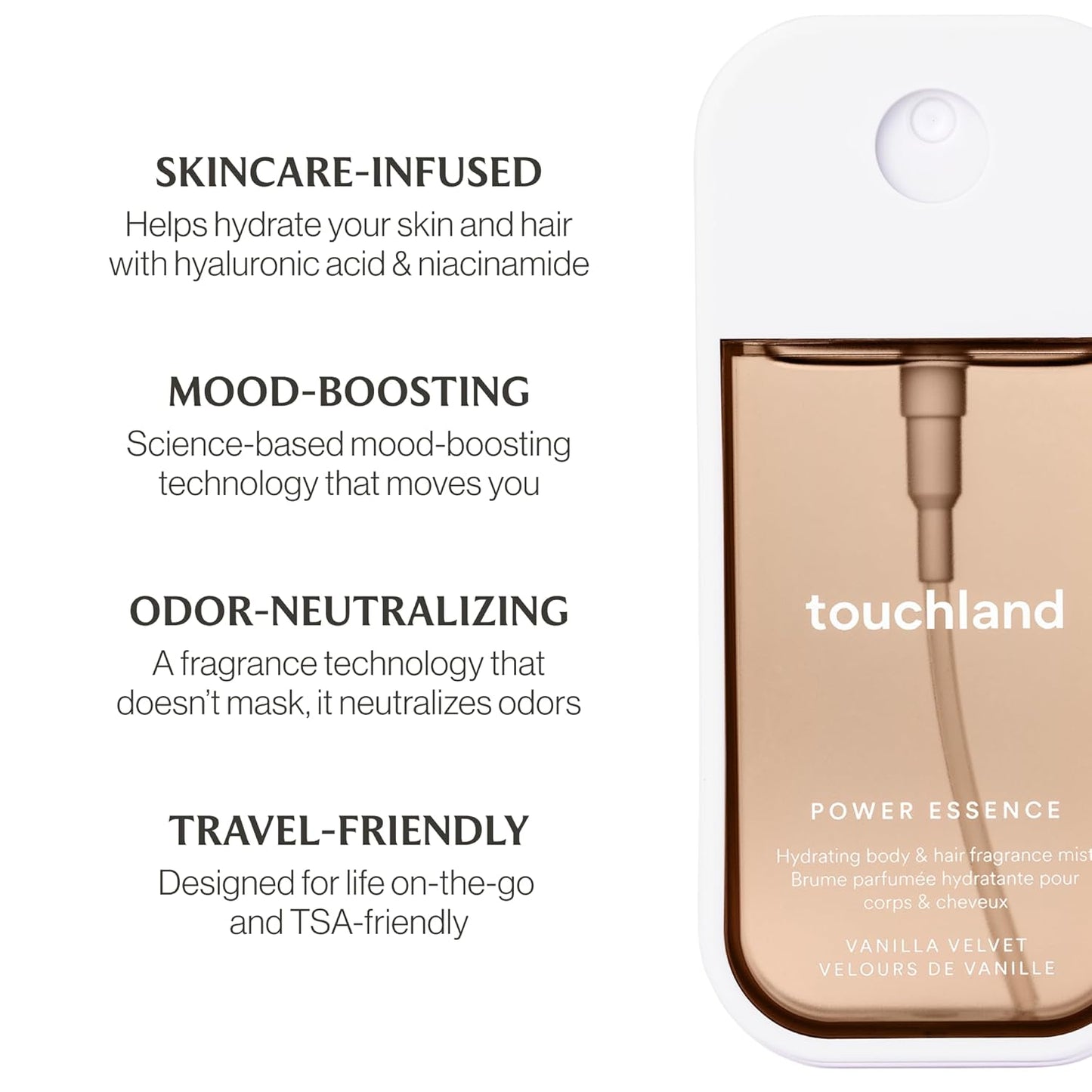 Touchland Power Essence Hydrating Body & Hair Fragrance, Vanilla Velvet, 2 FL. OZ. Travel Size Body Mist