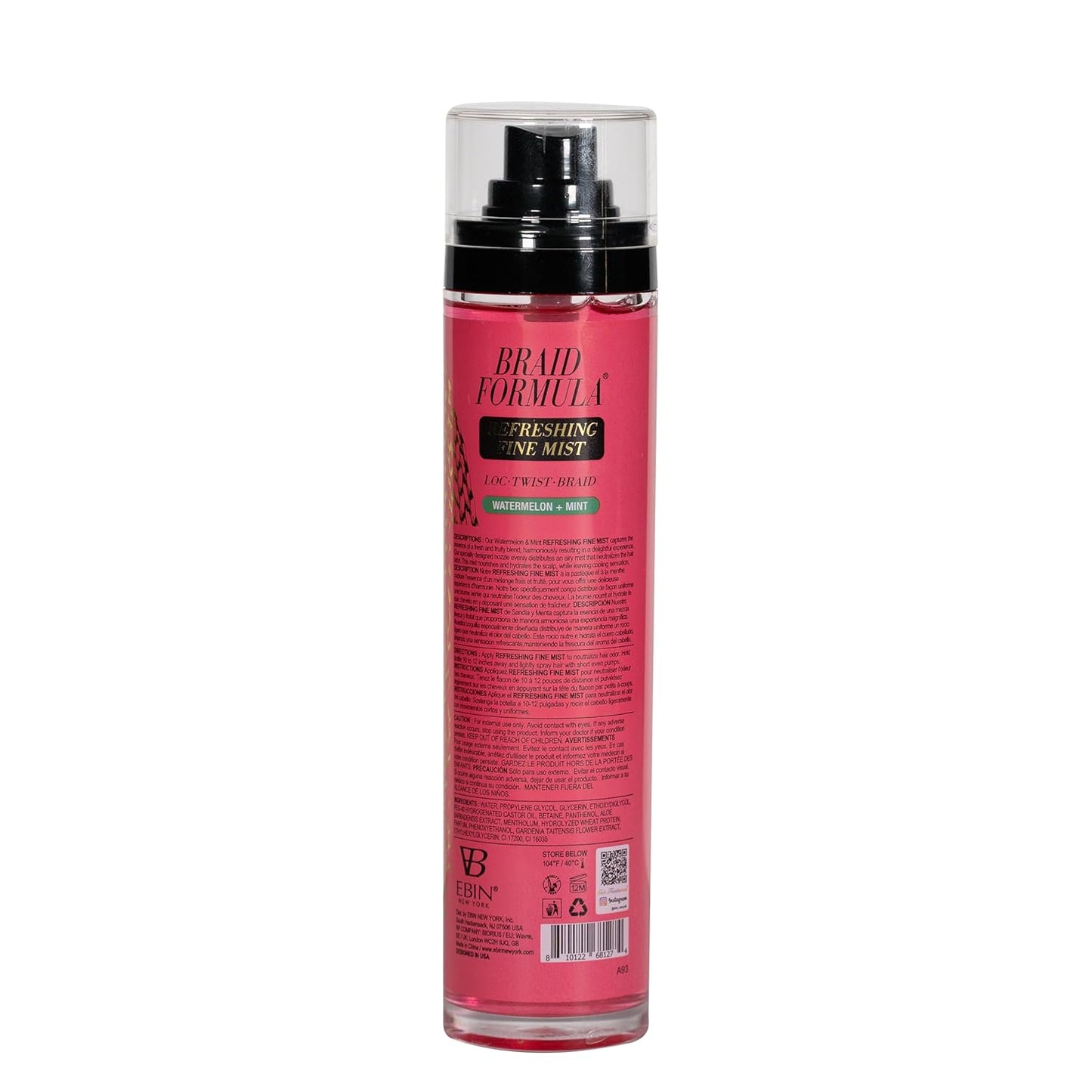 EBIN NEW YORK Braid Formula Refreshing Fine Mist 3.38 Fl. Oz. Watermelon + Mint - Elmiantes Odor, Gives High Shine, Infused Vitamin C for Hydrating Your Scalp, No Breakage, No Frizz