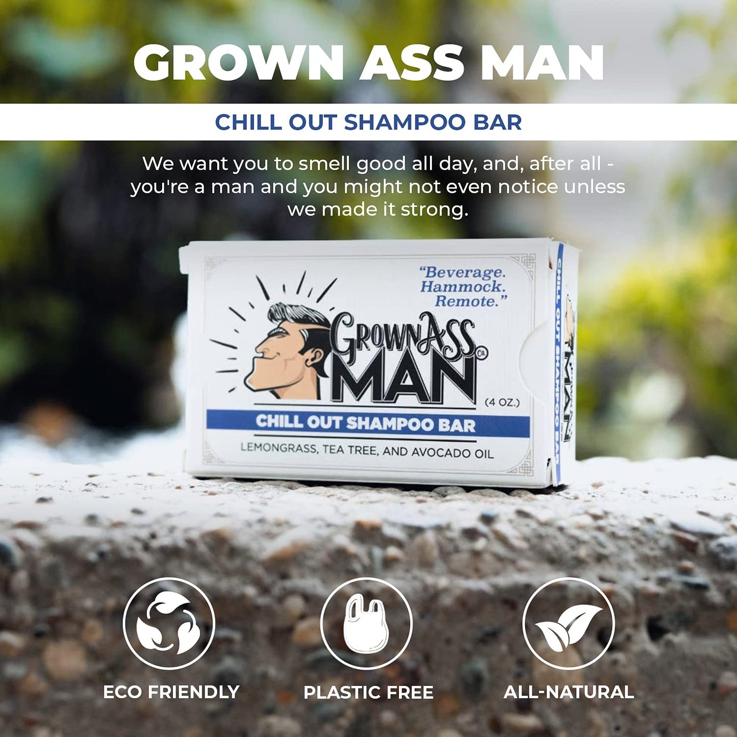 Grown Ass Man Co. - Solid Shampoo Bar Rich Lather 3 in 1: Hair, Beard & Body Wash - Plastic Free & Eco-Friendly, Natural & Organic Clean for All Hair Types, 4oz Bar (Chill Out, 3-Pack)