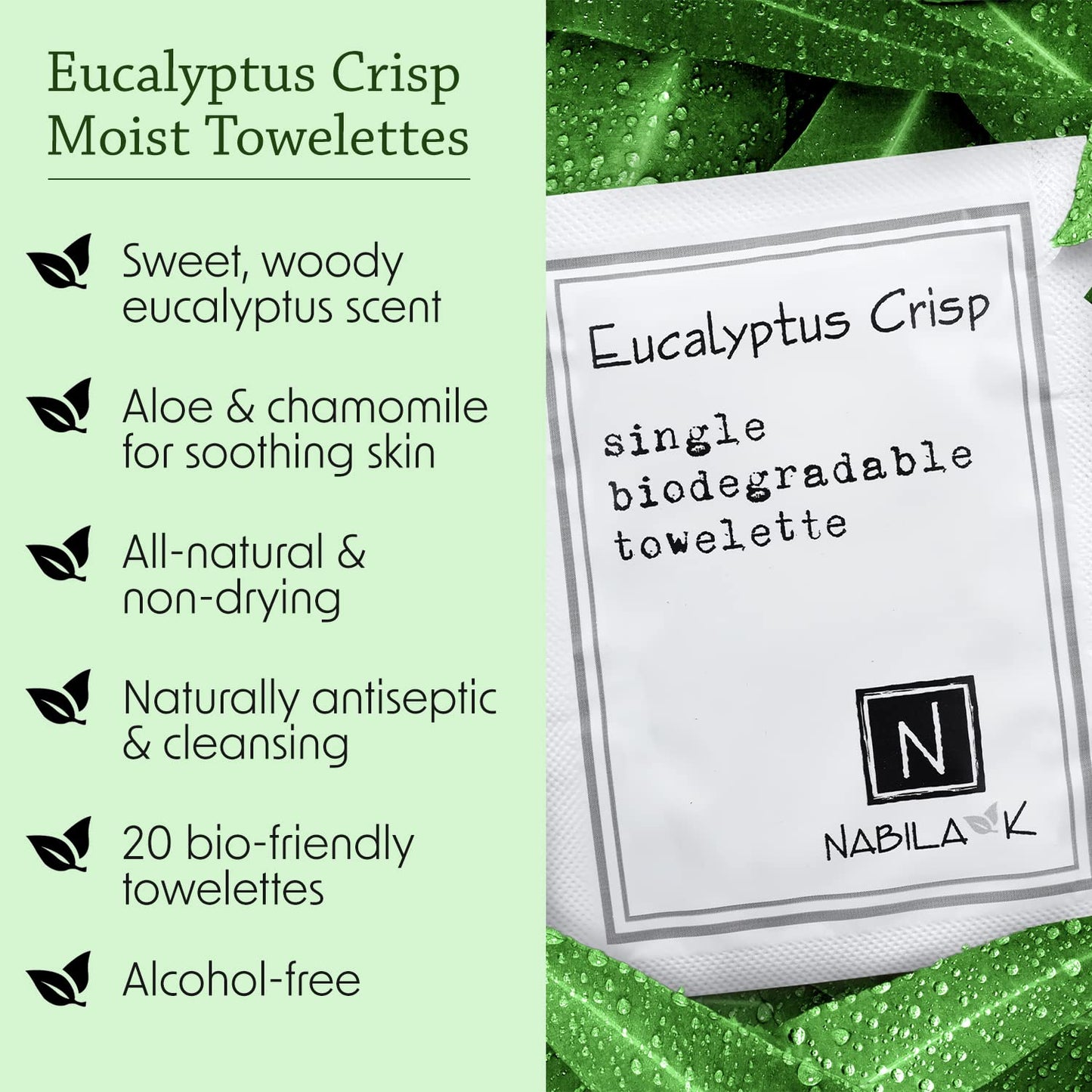 Eucalyptus Crisp Scented Moist Towelettes Single Use by Nabila K - Alcohol-Free, Plant-Based with Natural Ingredients - Individually Wrapped Disposable Travel Size Wipes with Bamboo Case - 20 Count