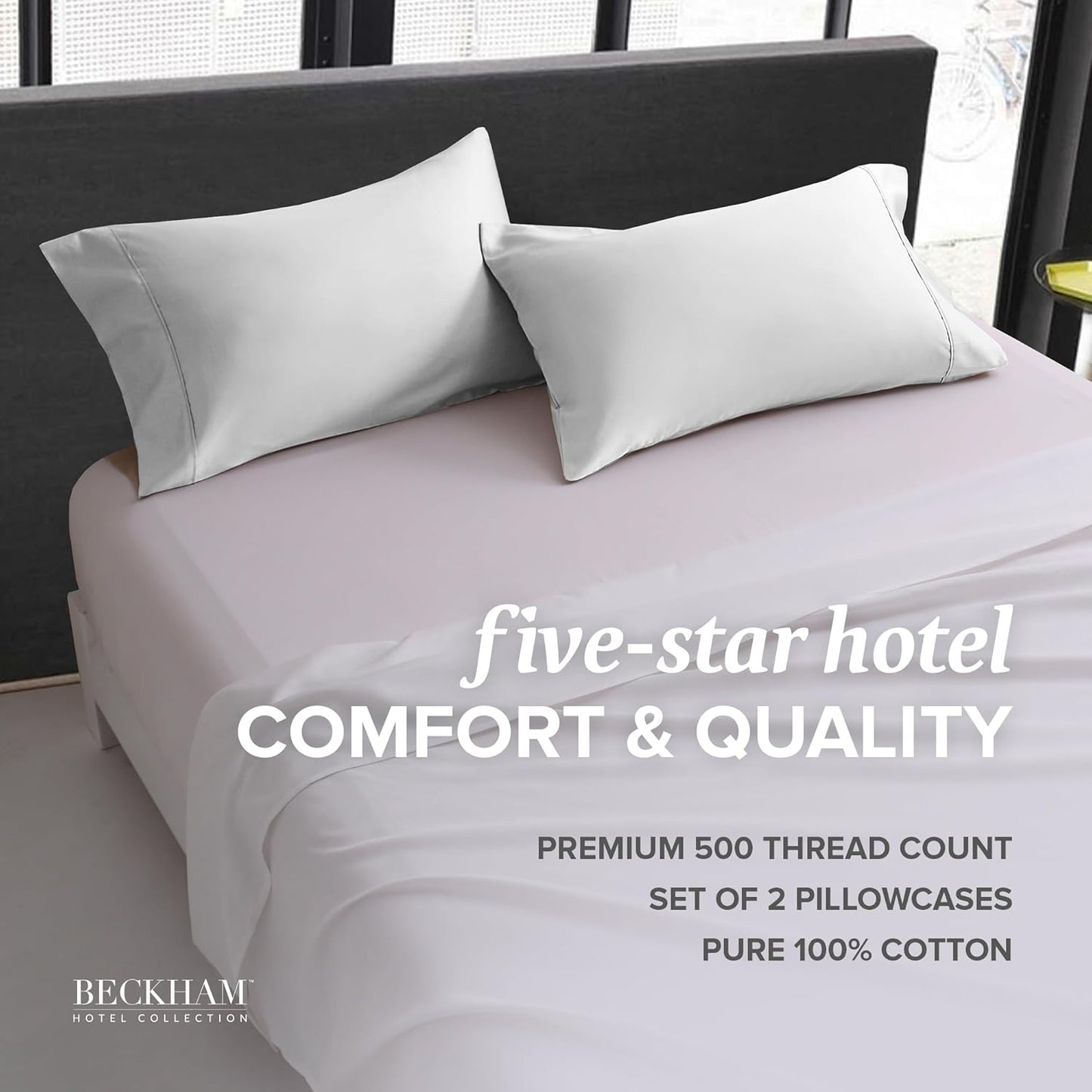 Beckham Hotel Collection Bed Pillowcases Standard/Queen Size Set of 2, 500TC 100% Cotton, Luxury Sateen Bedding, Open End, Breathable, Moisture-Wicking, White