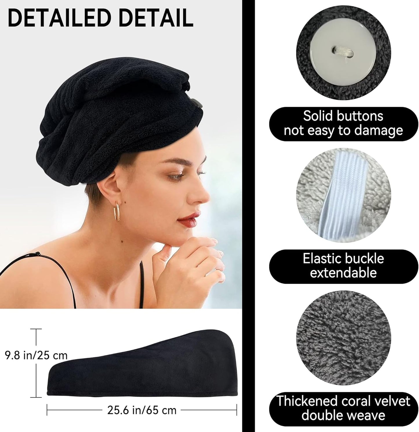 3 Pack Microfiber Hair Towel,Quick Dry Hair Towel Turbie Wrap for Women Kids,Super Absorbent Fast Head Wraps Drying Towel with Button for Wet Curly Hair(Black 25.6x9.8 Inch)
