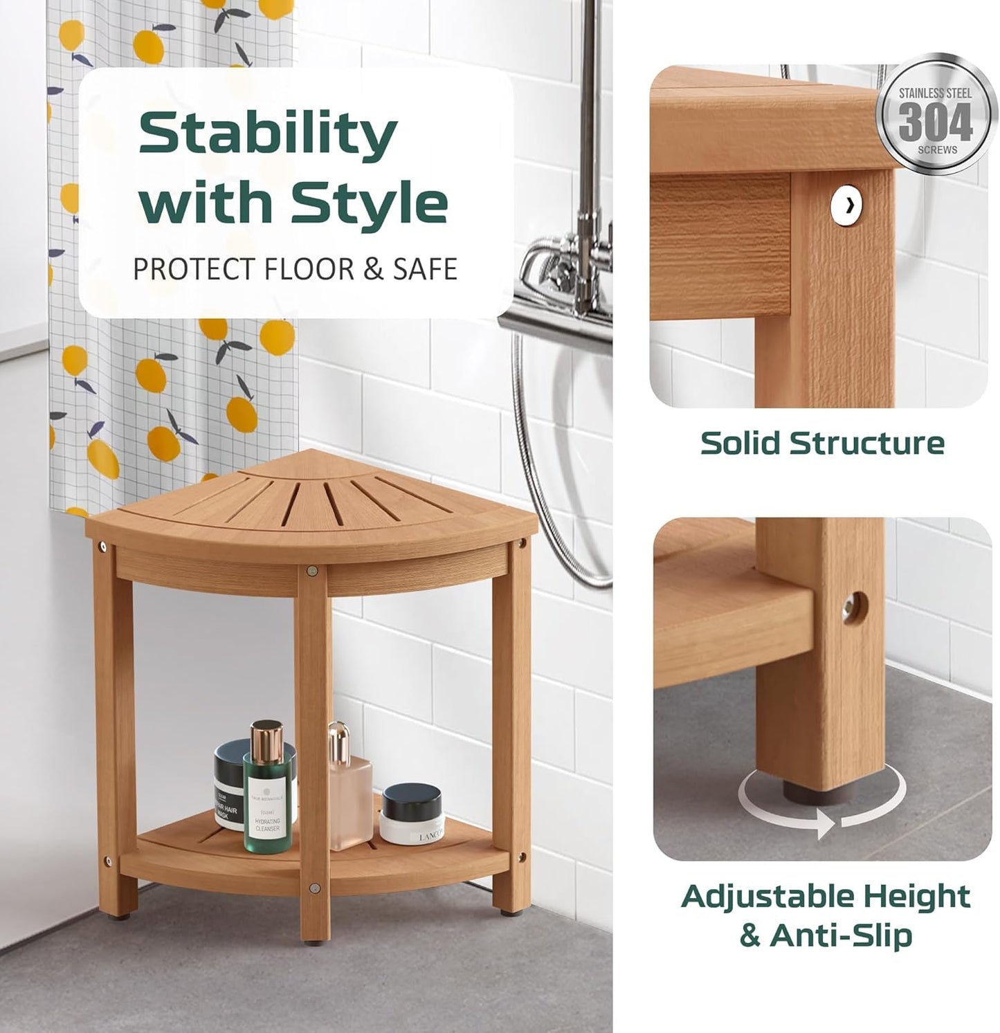Corner Shower Stool for Inside Shower Waterproof, HIPS Poly Lumber Shower Bench Seat Chair, Bath Shower Stool for Shaving Legs Foot Rest with Adjustable & Non-Slip Feet, Load 400 lbs, Teak