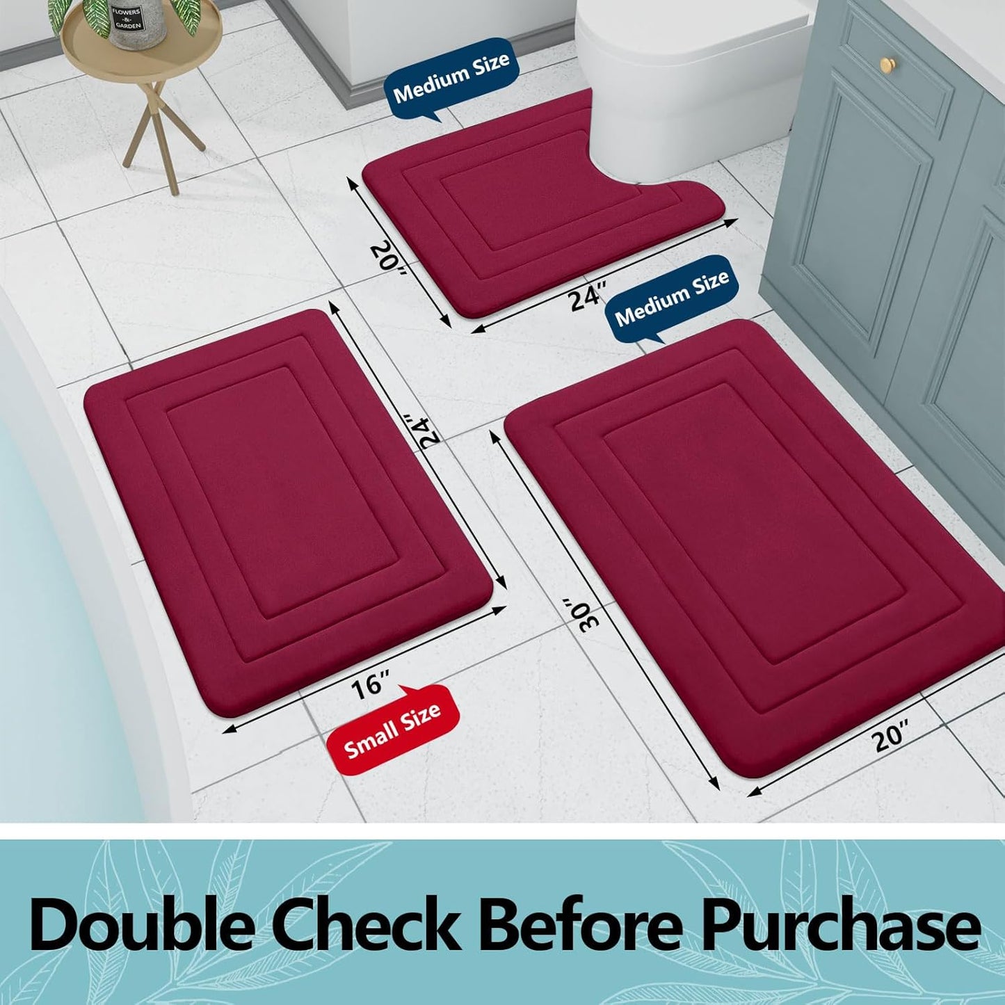 Arotive Memory Foam Bathroom Rug Mat 24x16, Ultra Soft and Absorbent Bath Mat, Machine Wash Dry, Comfortable Bath Rug Carpet for Bathroom Floor, Tub and Shower, Burgundy