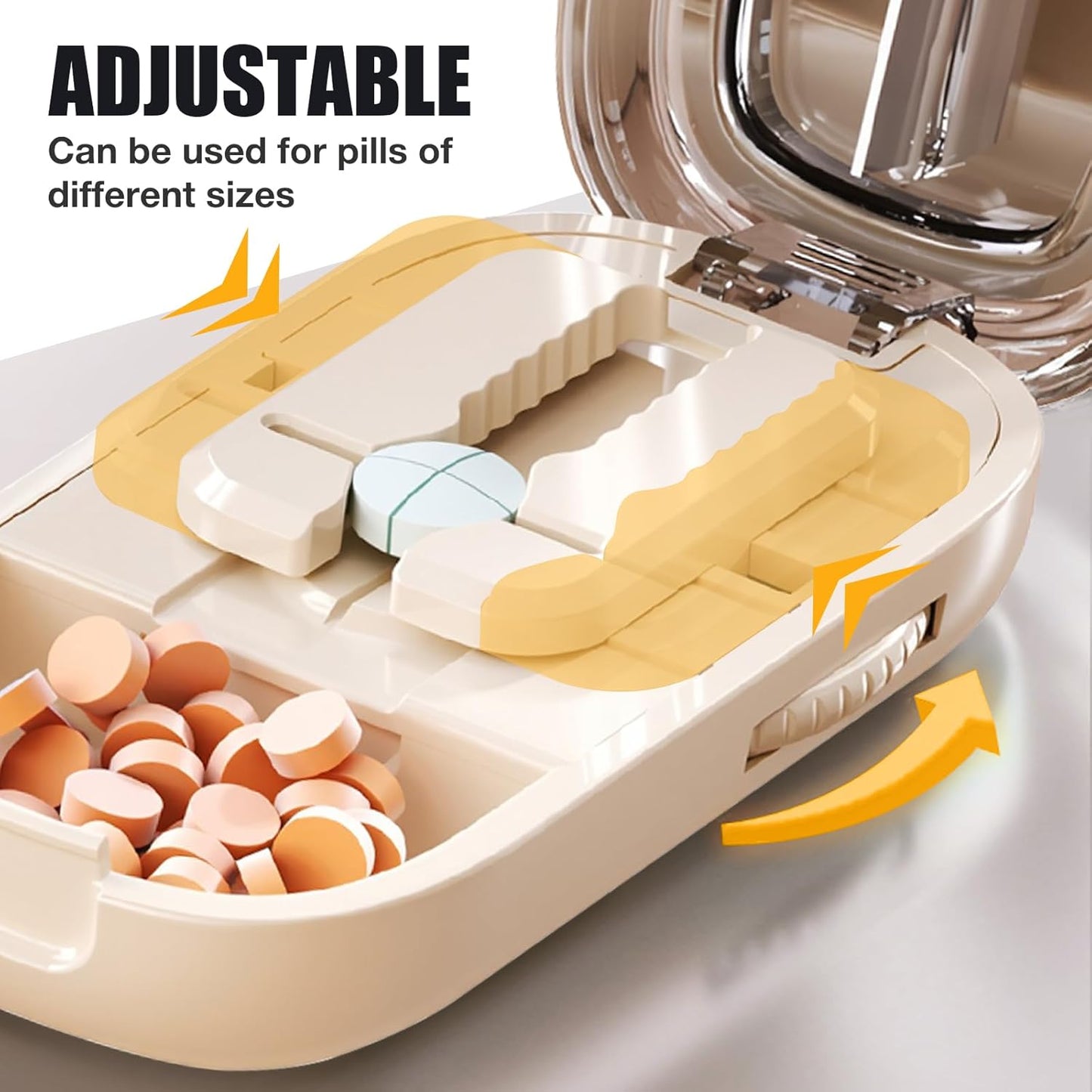 Portable Pill Cutter with Adjustable Slots – Multi Pill Splitter for Small & Large Tablets, Stainless Steel Blade, Clear Cut, Non-Slip Design, Easy to Use for Weekly Medication(Beige, 1/4)