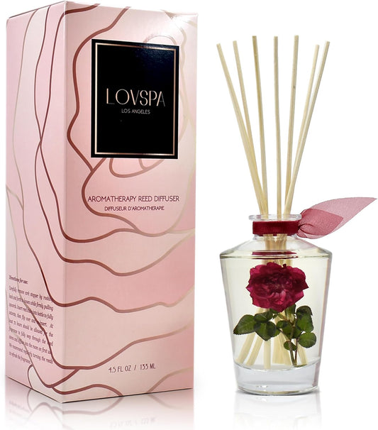 LOVSPA Reed Diffuser Set, PURIFY Rosewater Scented Oil Diffuser with Sticks, Home Fragrance Accessories for Bathroom Shelf Decor, Aroma Diffusers for Home or Office Desk, USA Made