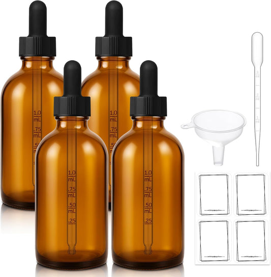 Bumobum Dropper Bottle, 4 oz Amber Glass Dropper Bottle with Measured Dropper, Empty Eye Tincture Bottles with Funnel, Pipette & Labels for Essential Hair Oils Serums, 4 Pack