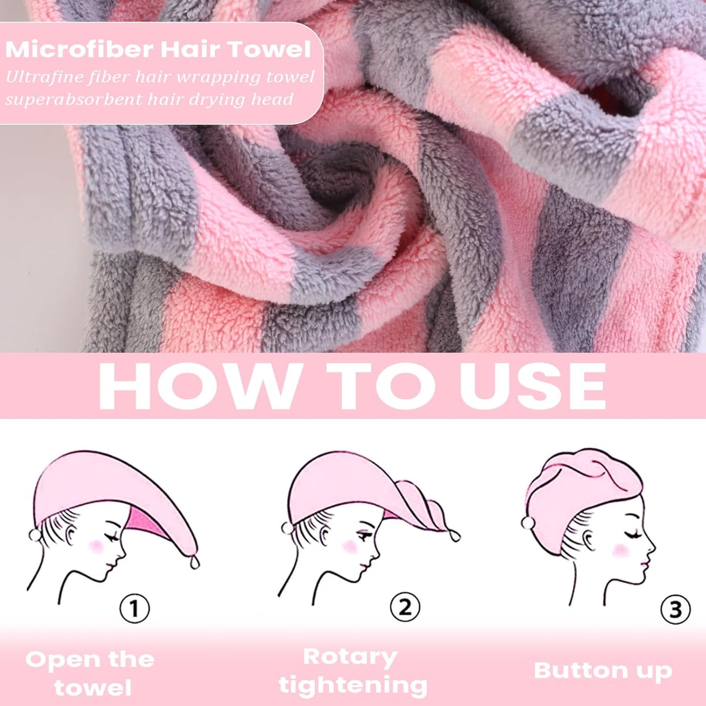 3 Pack Microfiber Hair Towel Wrap for Women, Fast Drying Hair Turban with Button, Anti-Frizz Large Hair Towel for All Hair Styles, Soft & Absorbent Hair Drying Towel