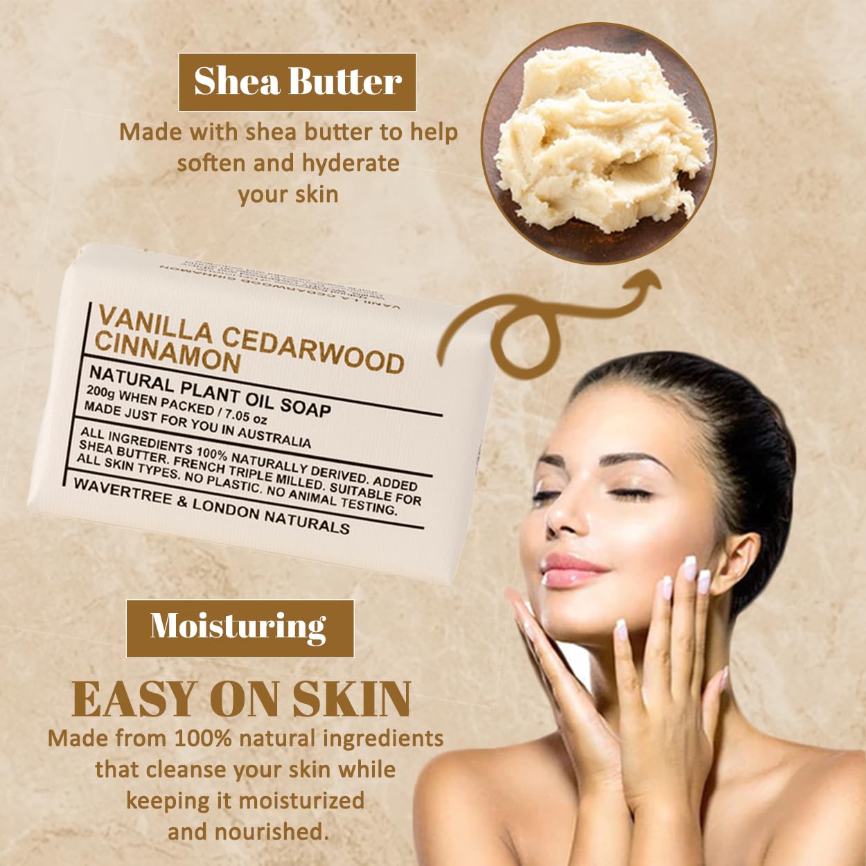 Wavertree & London Vanilla, Cedarwood & Cinnamon Scented Natural Soap (8 Bars), 7oz Moisturizing French Triple Milled Soap Bars enriched with shea butter, Plant Oil Bath & Body Bars for All Skin Types