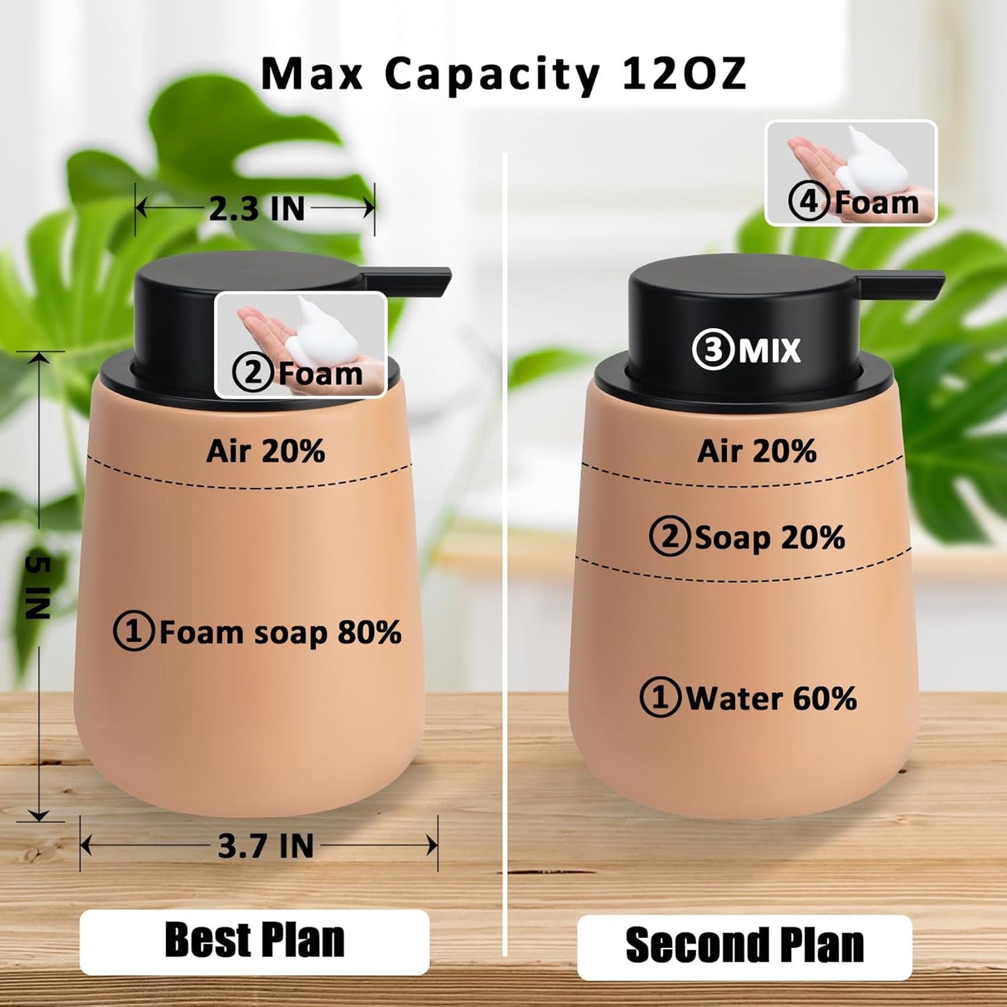 Soap Foaming Dispenser Ceramic with Easy-to-Press Pump Hand Foam Dispenser for Shampoo Bathroom Kitchen 12 oz