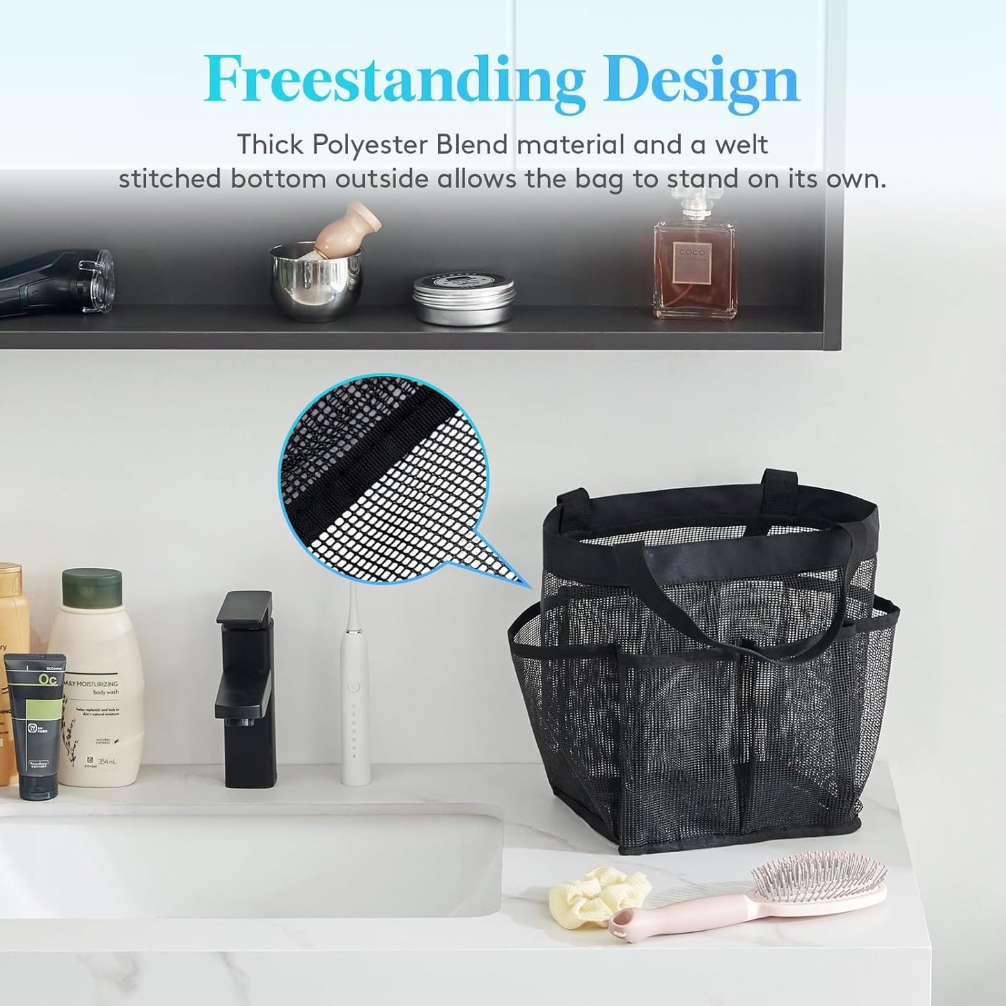 Lifewit Mesh Shower Caddy Freestanding Portable Shower Tote Bag for College Dorm, Bathroom, Gym, Travel, Quick Dry Hanging Organizer with 7 Storage Pockets for Toiletry Essentials, Large, Black