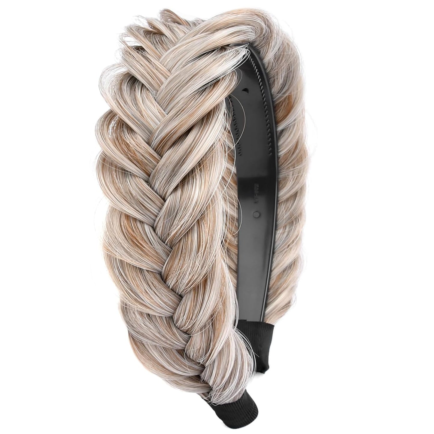 DIGUAN Wide Messy Braided Headband With Teeth Synthetic Hair Plaited Headband High Elasticity Braids Chunky Fishtail Braided Hair Band Hairpiece for Girls Women Beauty Accessory (White Gray Brown)