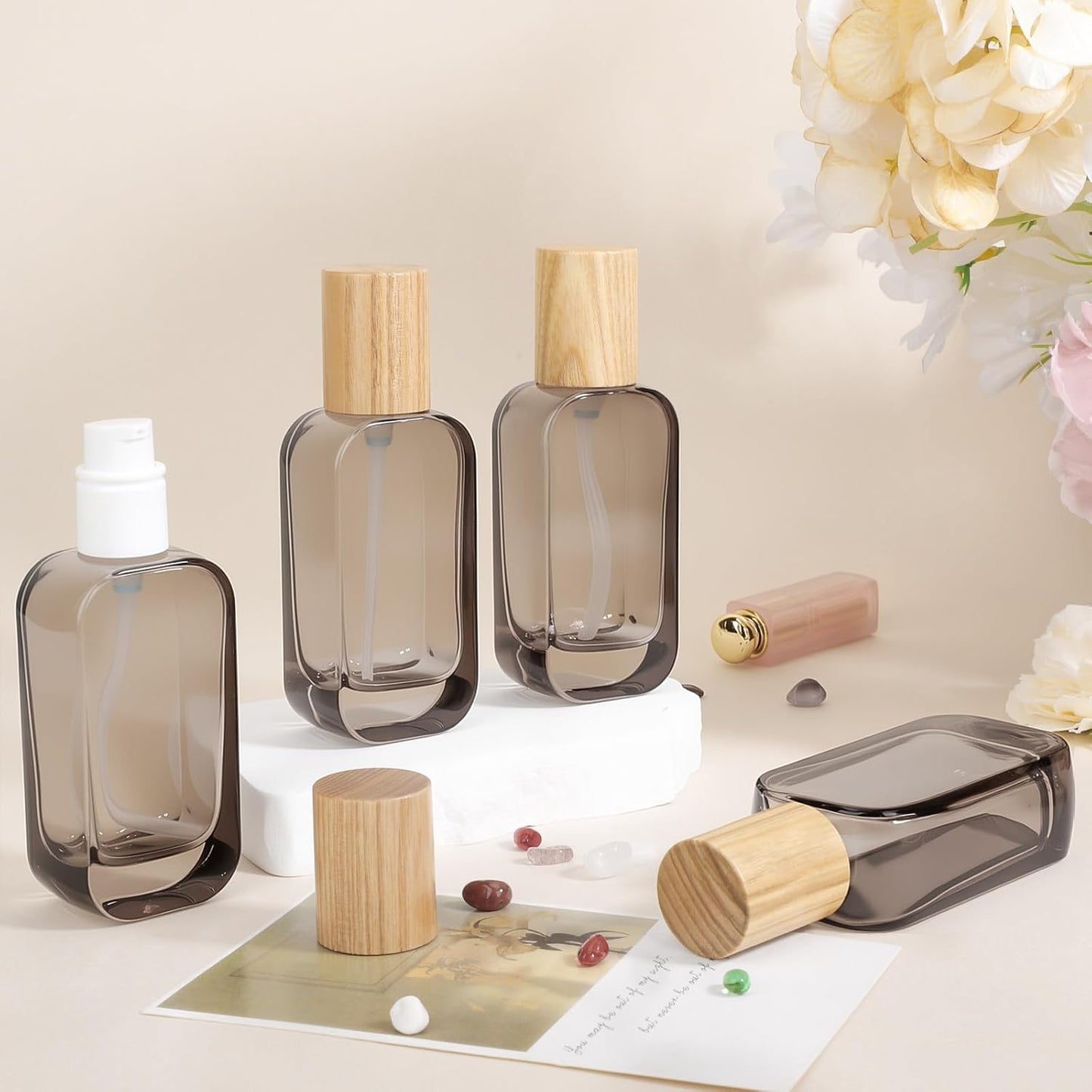 Segbeauty 1.7oz Travel Glass Pump Bottle for Lotion, 4pcs Glass Travel Bottles for Toiletries, 50ml Black Foundation Container for Liquids, Large Sample Bottles Dispenser for Creams Essential Oils