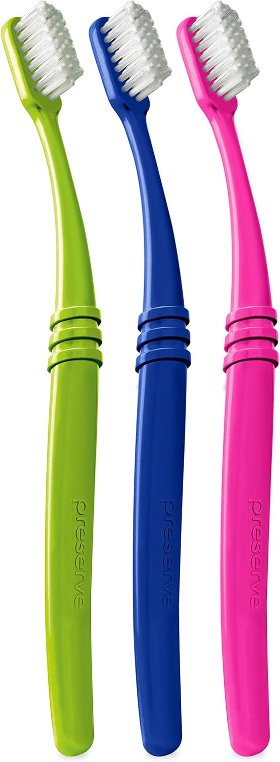 Preserve Eco Friendly Adult Toothbrushes, Made in The USA from Recycled Plastic, Lightweight Paper Packaging, Soft Bristles, Colors Vary, 3 Count