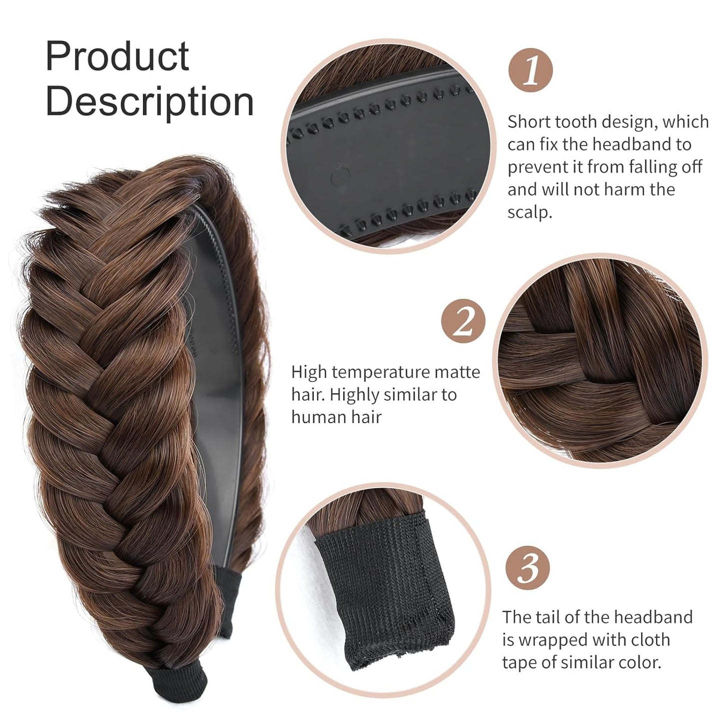 DIGUAN Wide Messy Braided Headband With Teeth Synthetic Hair Plaited Headband High Elasticity Braids Chunky Fishtail Braided Hair Band Hairpiece for Girls Women (Chestnut)