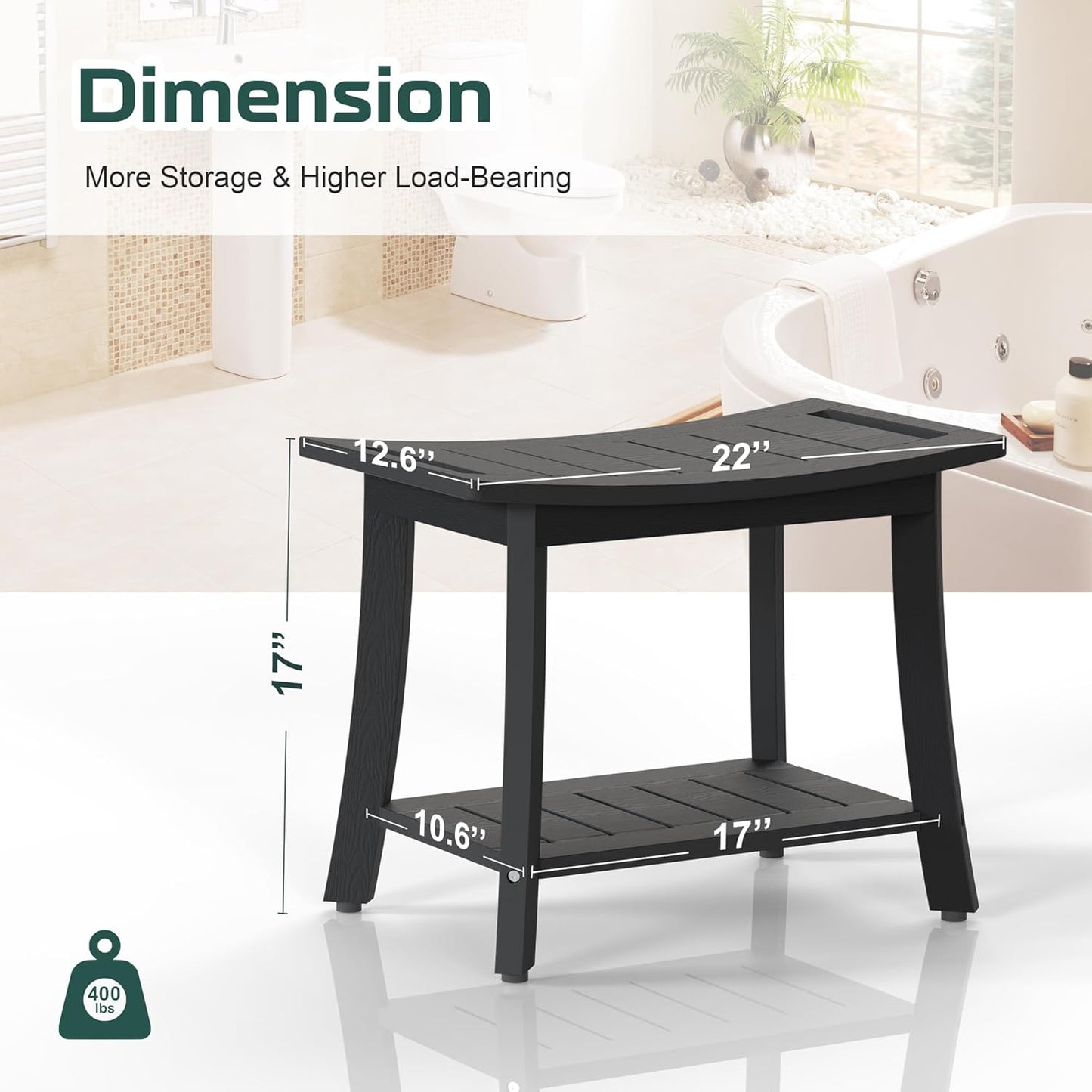 HIPS Shower Benches for Inside Shower, Waterproof Shower Stool with Storage Shelf & Adjustable Feet, SPA Bathroom Seat Chair for Shaving Legs, Indoor or Outdoor Use, Black
