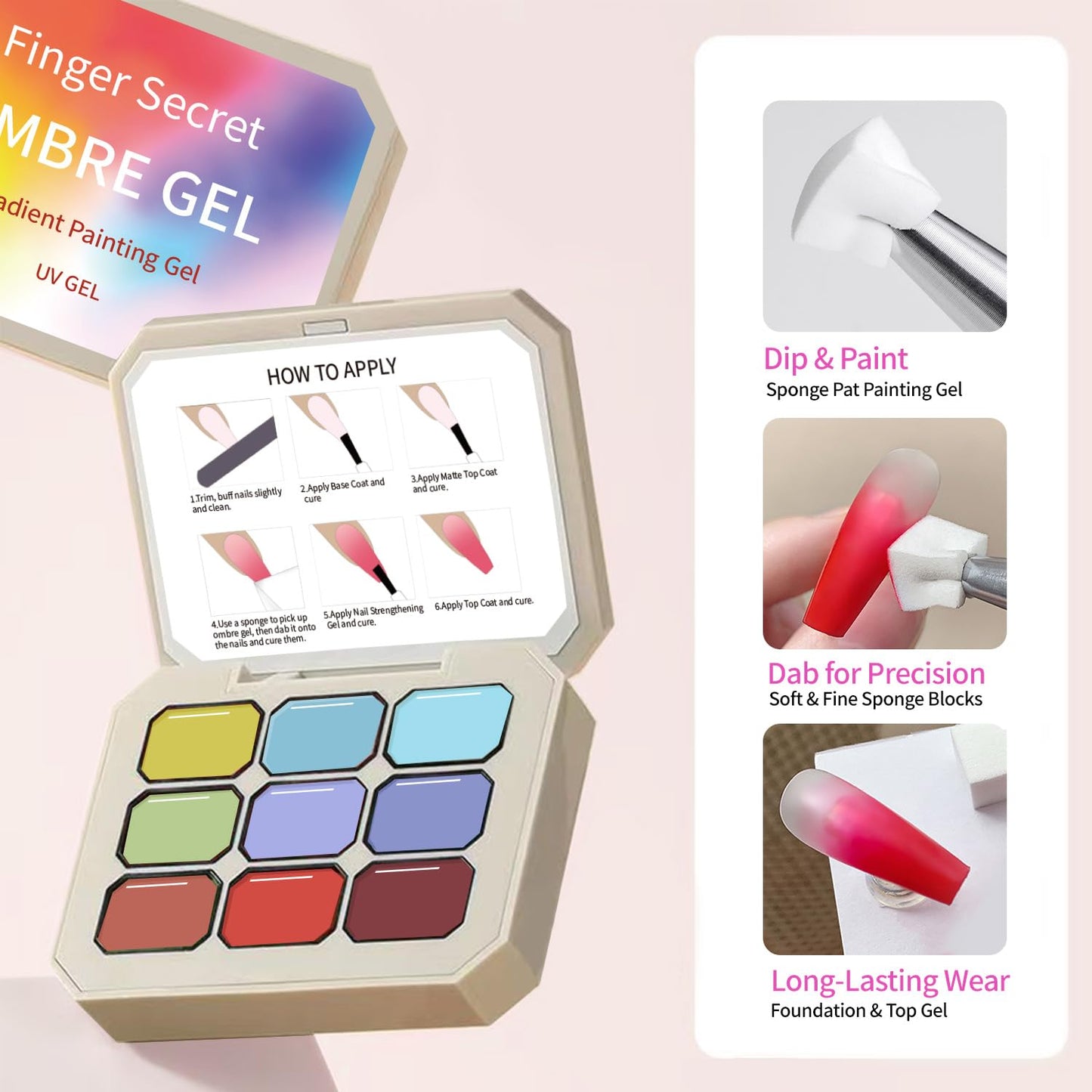 Professional Gradient Painting Gel,9 Colors Set Ombre Gel Nail Polish,Ombre Pigment Palette for Nail with 100PCS Nail Sponges & Grabbing Pen for Gel Nail Art in Salon or Home Use (8)