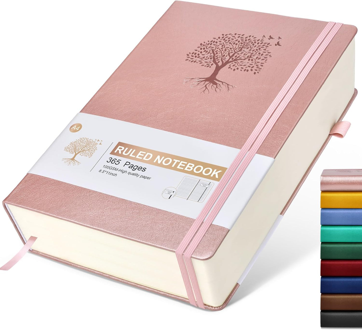 Lined Journal Notebook, 365 Pages A4 Large Journals for Writing Ruled Notebook, Pink Hardcover Leather Journals for Women Men,Notebook for Work, Note Taking, 100Gsm Thick Paper (8.5" x 11" Rose Gold)