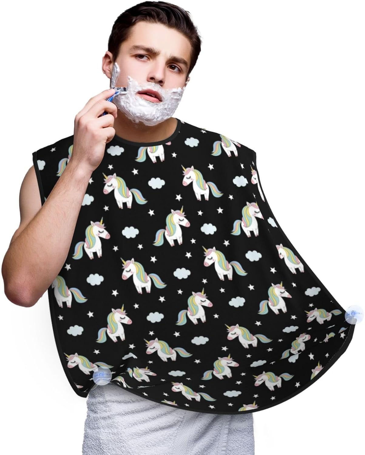 Men's Shaving Accessory Rainbow Unicorn Star Black, Waterproof Beard Apron with Hair Catcher & Suction Cups