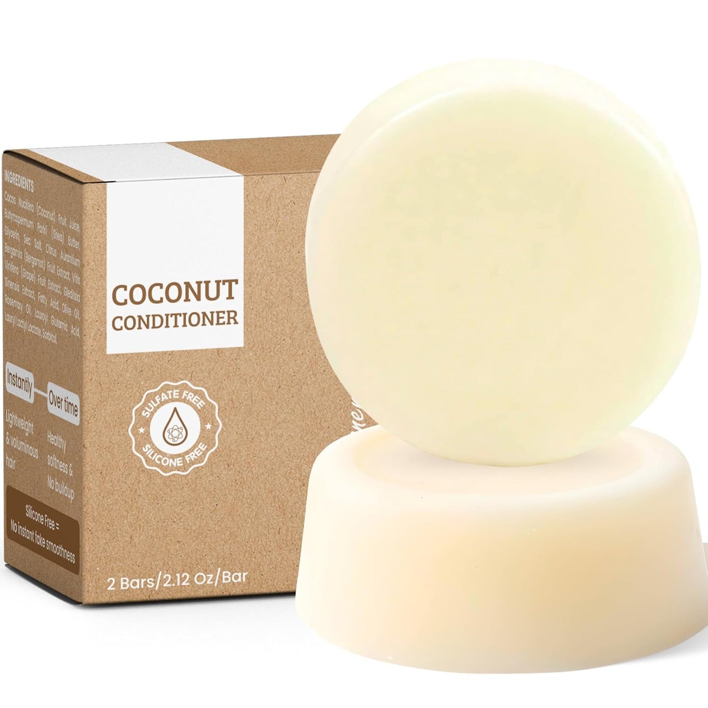 Coconut Conditioner Bar (Pack of 2) - Rich Nourishing & Volumizing - Hair Moisturizing & Strengthening Solid Soap Bar, Plastic-Free, Silicone & Sulfate Free - For Damaged & Oily Hair.