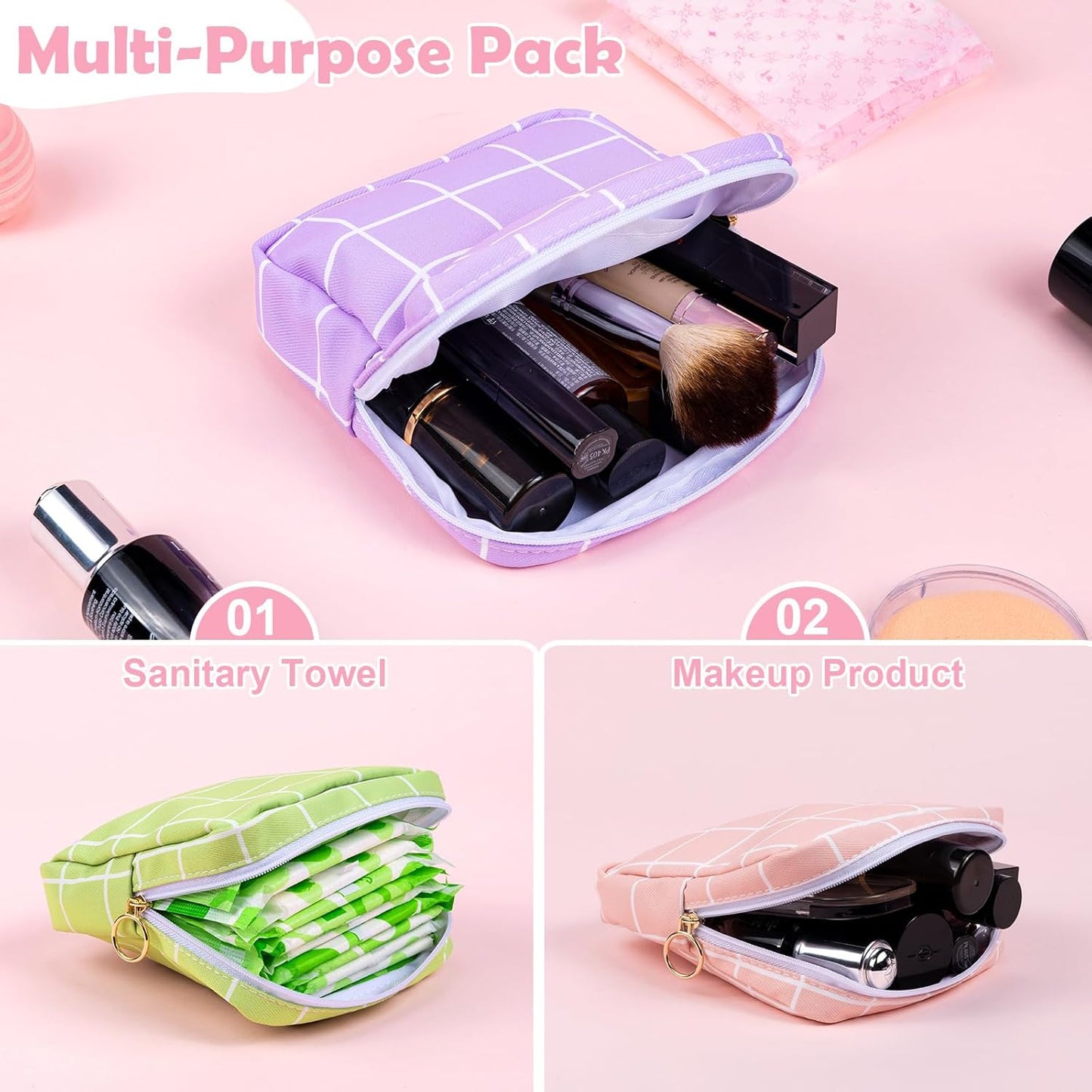 Desing Wish Period Bag Pouch Soft Cloth Sanitary Napkin Storage Bag Portable Menstrual Pad Pouches Tampon Holder for Purse First Period Kit for Girls 9-12 (Purple Plaid)