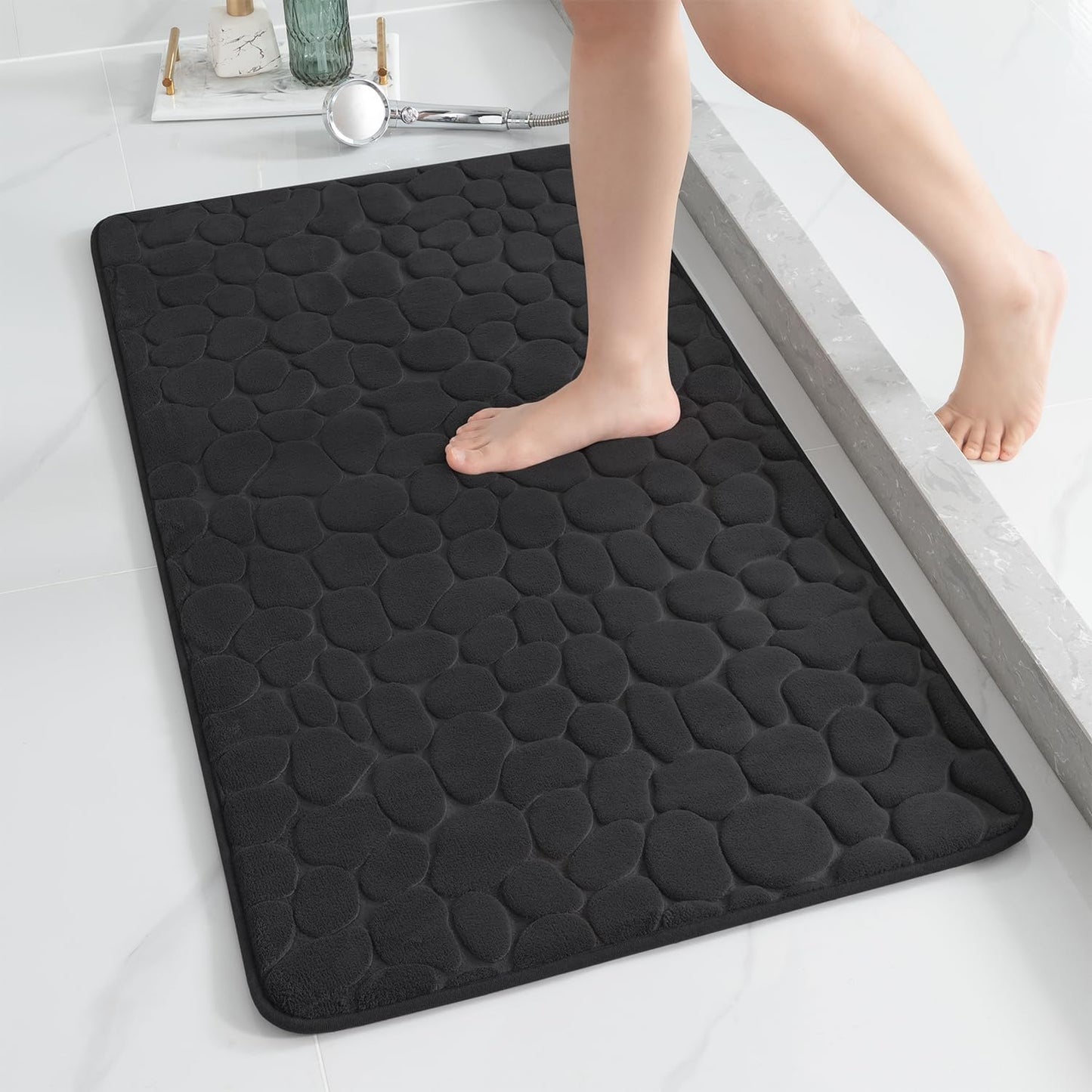 YIHOUSE Memory Foam Runner Rug, Cobblestone Bathroom Runner Rugs Super Water Absorbent Bath Mats for Bathroom Machine Washable Bath Rugs Runner for Hallway Bedroom Laundry Room(24 x 47,Black)
