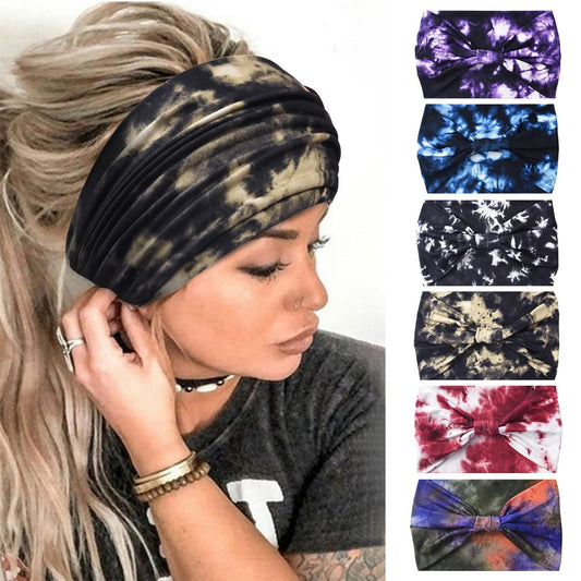Yeshan Wide Non Slip Boho Elastic Tie Dye Headbands - Yoga Workout Sweat Bands Running Sport Hair Bands, Pack of 6