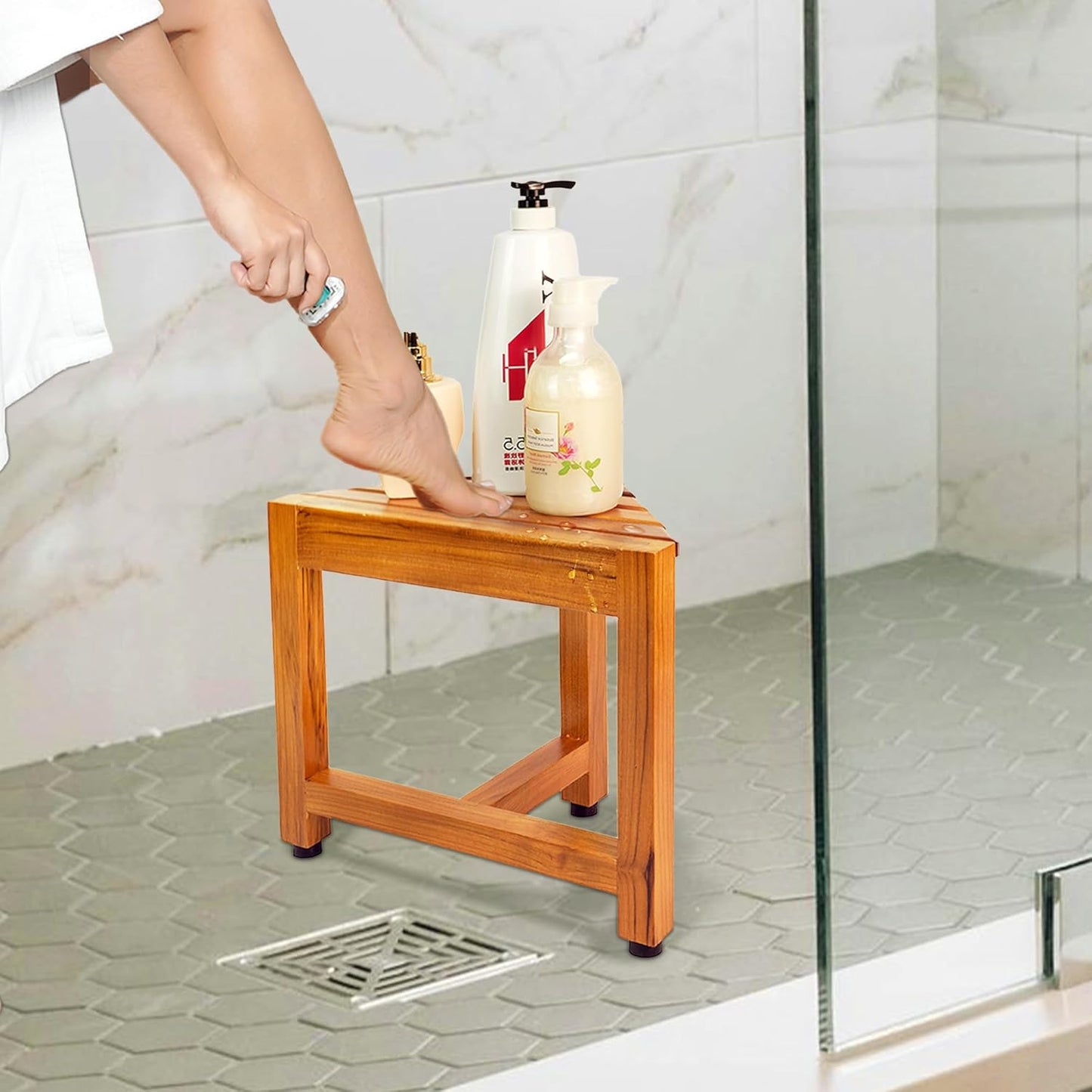 VaeFae Teak Shower Corner Bench, Wooden Foot Rest, Shower Bench for Shaving, Corner Shower Stool for Inside Shower, Bathroom