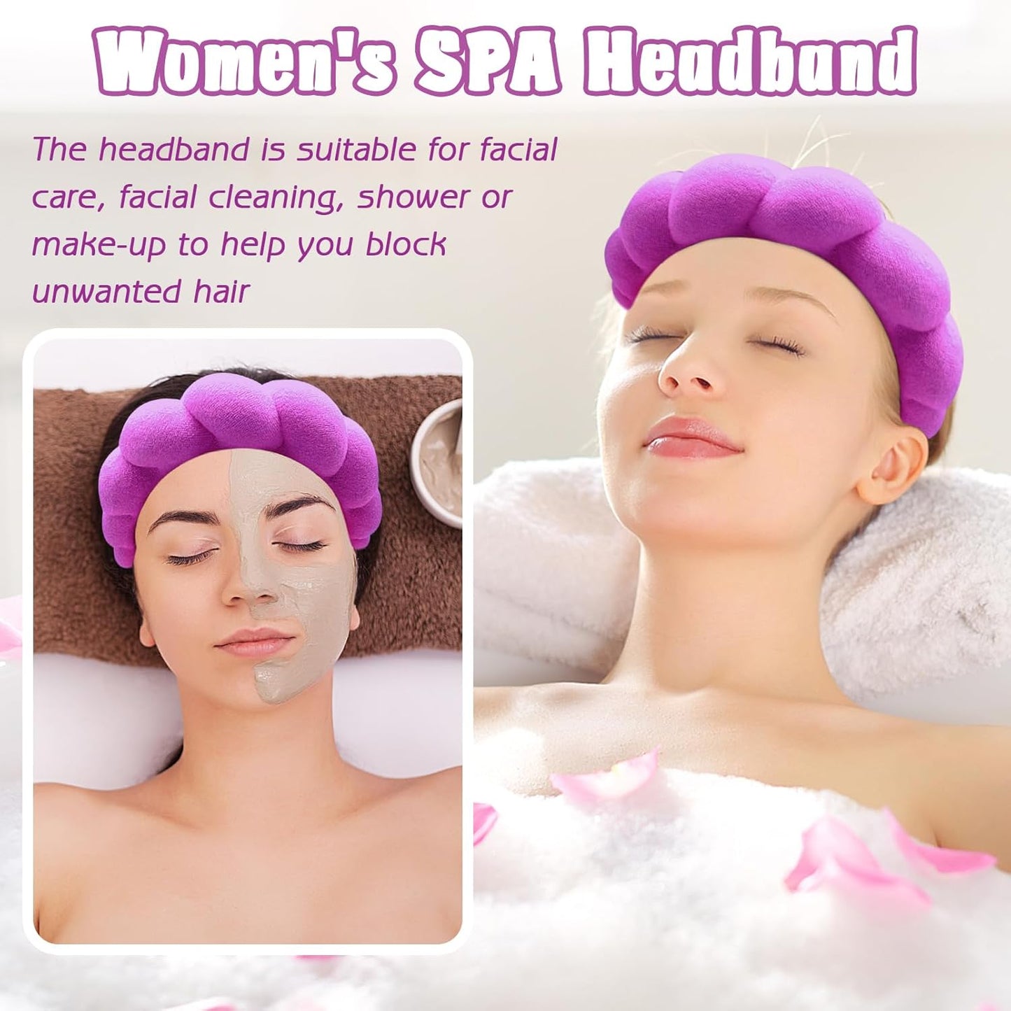 Zkptops Spa Headband for Washing Face Wristband Set Sponge Makeup Skincare Terry Cloth Bubble Soft Get Ready Hairband for Women Girl Puffy Padded Headwear Non Slip Thick Hair Accessory(Dark Purple)
