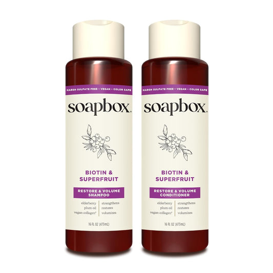 Soapbox Biotin & Superfruit Shampoo & Conditioner Set with Vegan Collagen, Aloe and Shea Butter, Pack of 2 Harsh Sulfate Free, Paraben & Silicone Free, 16 Ounces Each