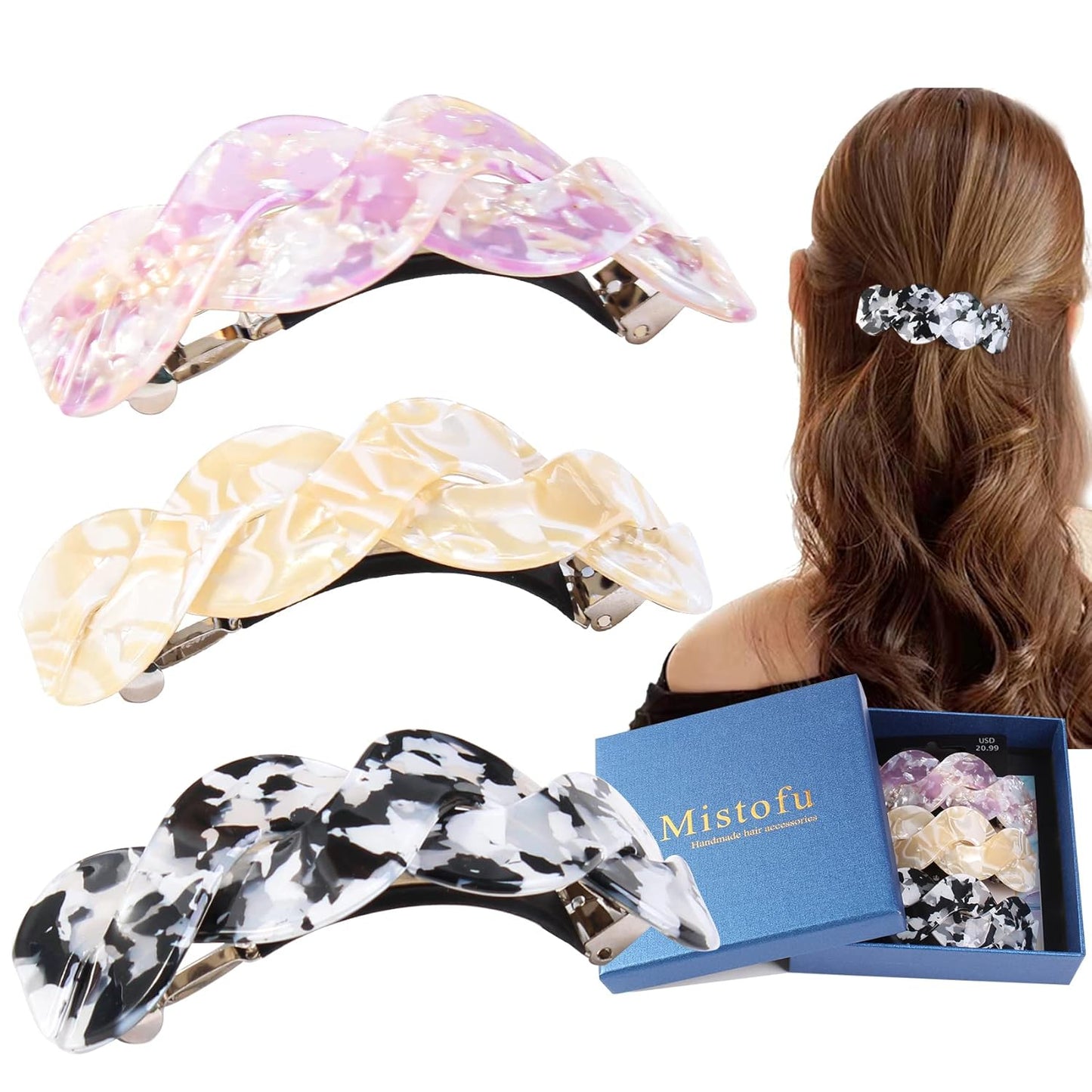 Hair Barrettes For Women - 3Pcs Large Barrettes for Thick Hair French Design with Beautiful Lines Elegant and Stylish - Perfect Hair Accessories for Thick Hair