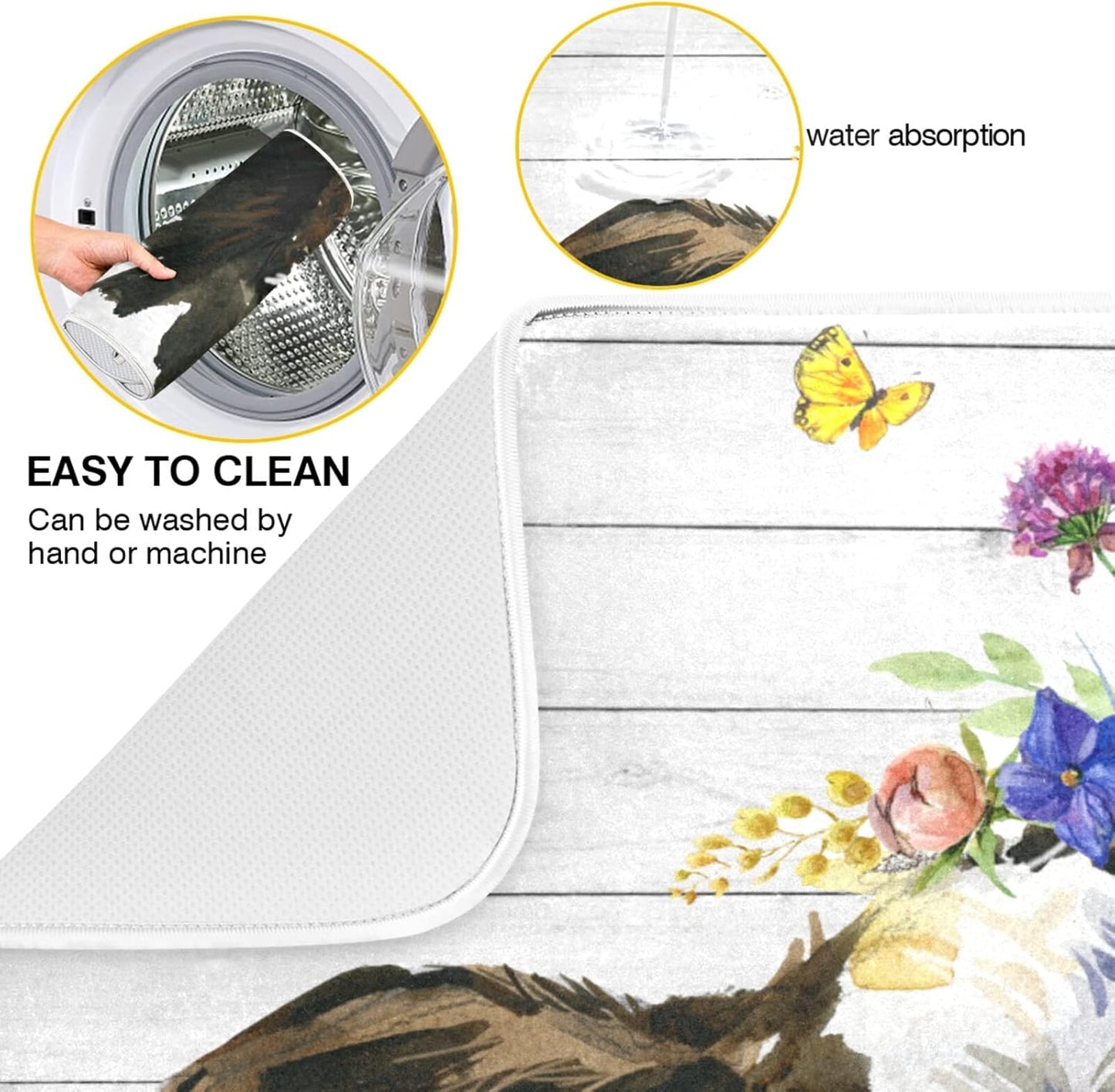 White Farmhouse Cow Wood Dish Drying Mats for Kitchen Drying Mat 16 x 18 Inch Absorbent Microfiber Drying Dish Mat Machine Washable Dish Rack Pad Dish Drainer Mat