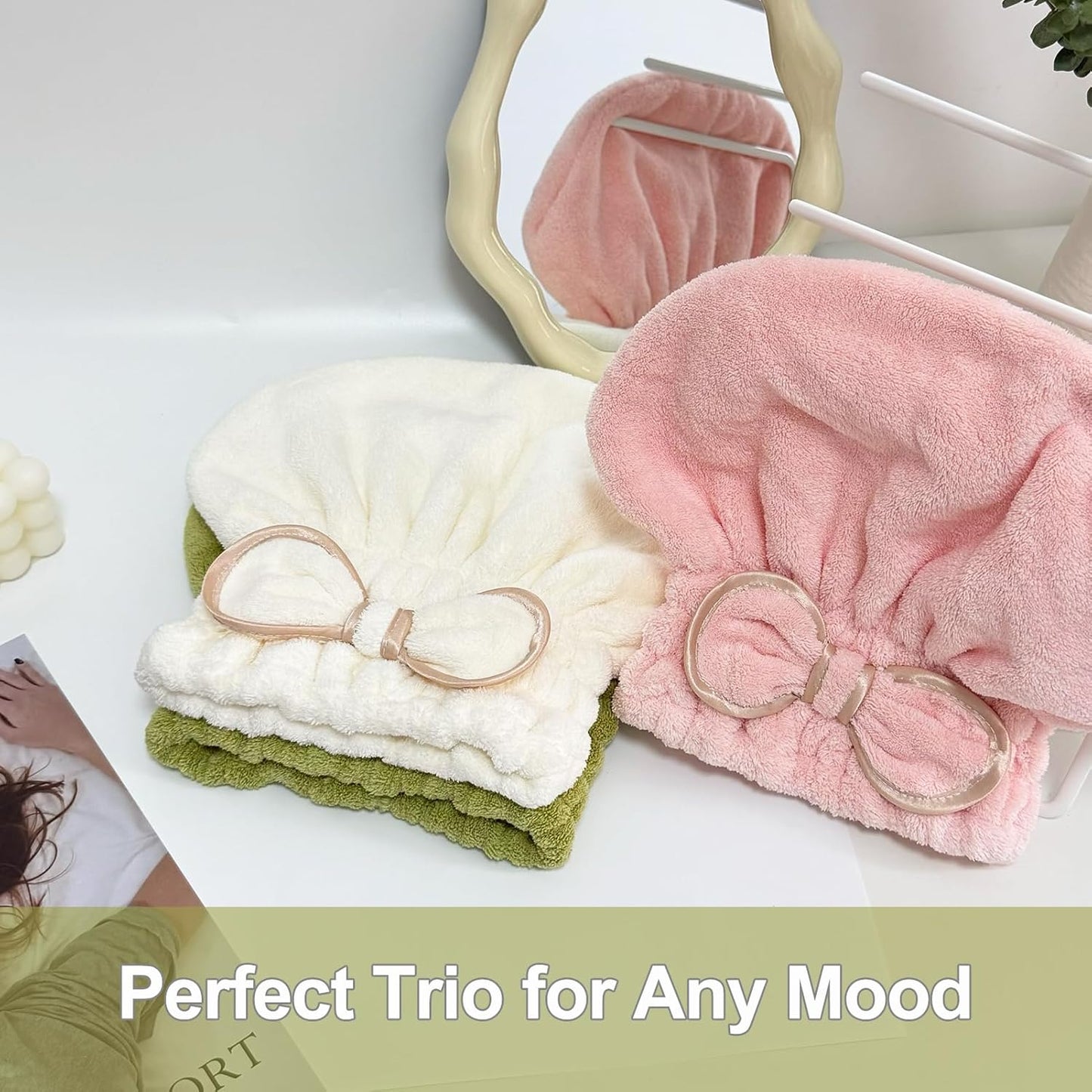 Jseng 3Packs Microfiber Hair Towel for Women - Quick-Drying, Super Absorbent Hair Wrap with Bow Design, Soft Hair Towel Turban for Curly Long Wet Hair