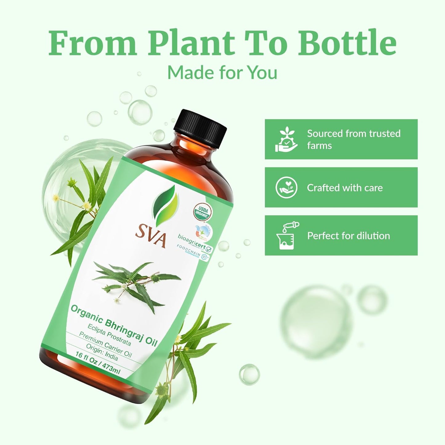 SVA Organic Bhringraj Oil 16oz Premium Carrier Oil For Hair Care, Hair Oiling, Scalp Massage, & Skin Care