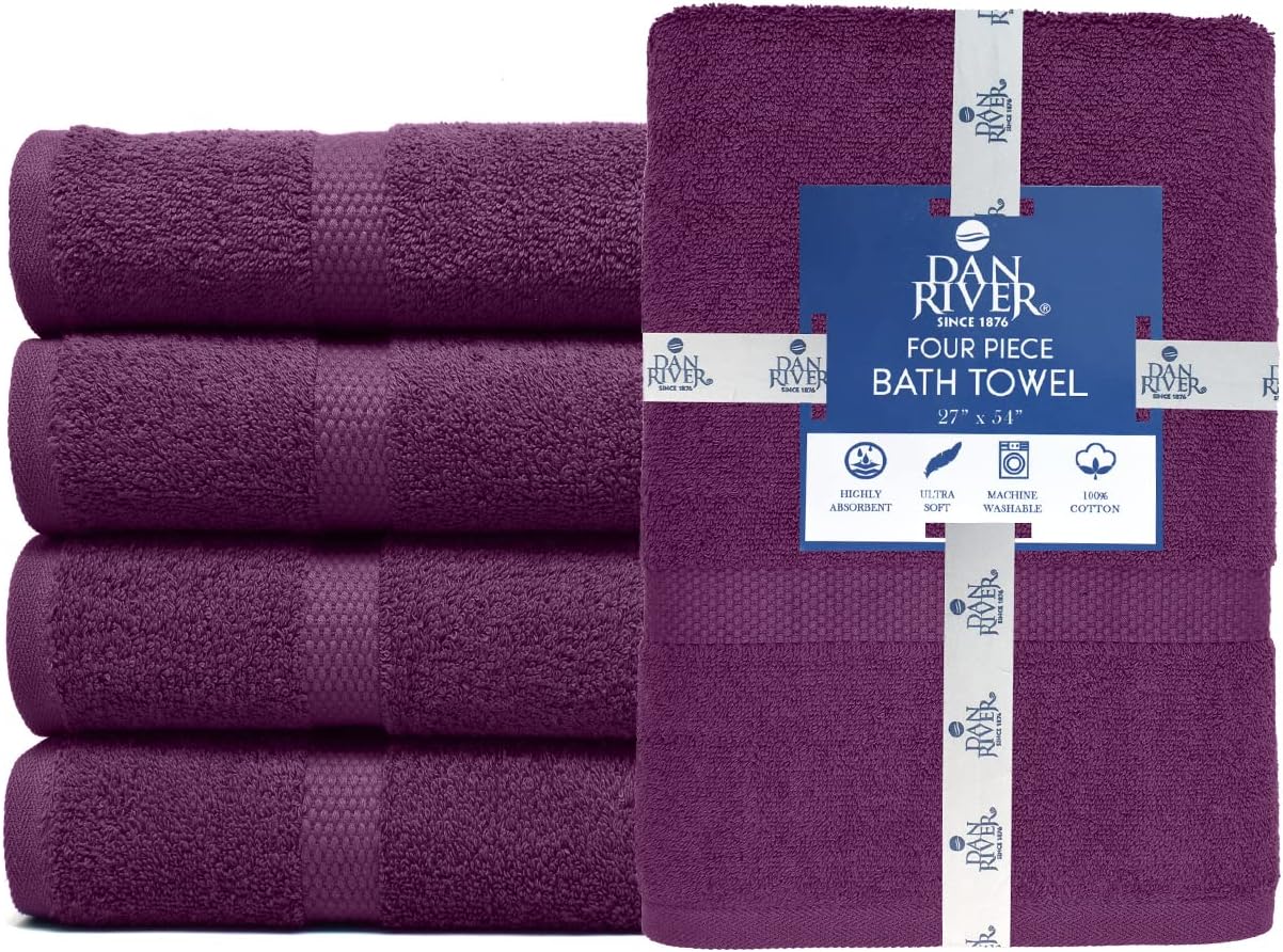 DAN RIVER Bath Towels Set of 4, 27 x 54 Inches, 100% Cotton, Larger & Lighter Weight, Quicker to Dry, Super Soft and Absorbent, Ideal Quick Dry Bath Towel for Daily Use, Purple