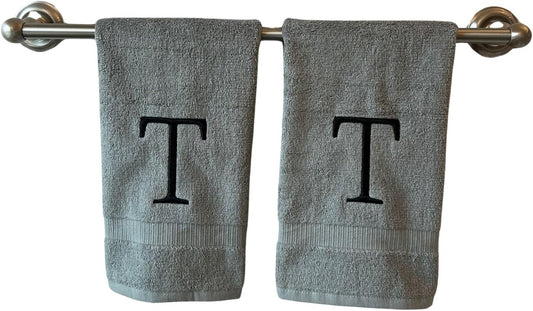 Gray Initial Hand Towel for Bathroom - Monogrammed Luxury Hotel Quality Decorative Embroidered Towel for Powder Room, Spa - GOTS Organic Certified - Set of 2 Black Letter T