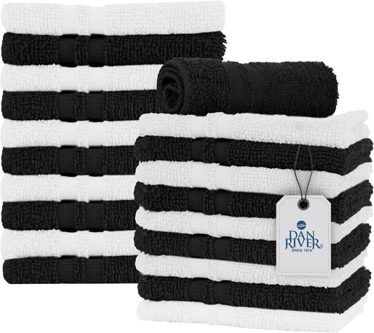 DAN RIVER 100% Cotton Washcloths 20 Pack Premium Quality Face and Body Cloth, Quick Dry Essential Towels for Bathroom, Hand, Kitchen & Cleaning, Baby Washcloths | 11X11 in | 400 GSM | Black+White