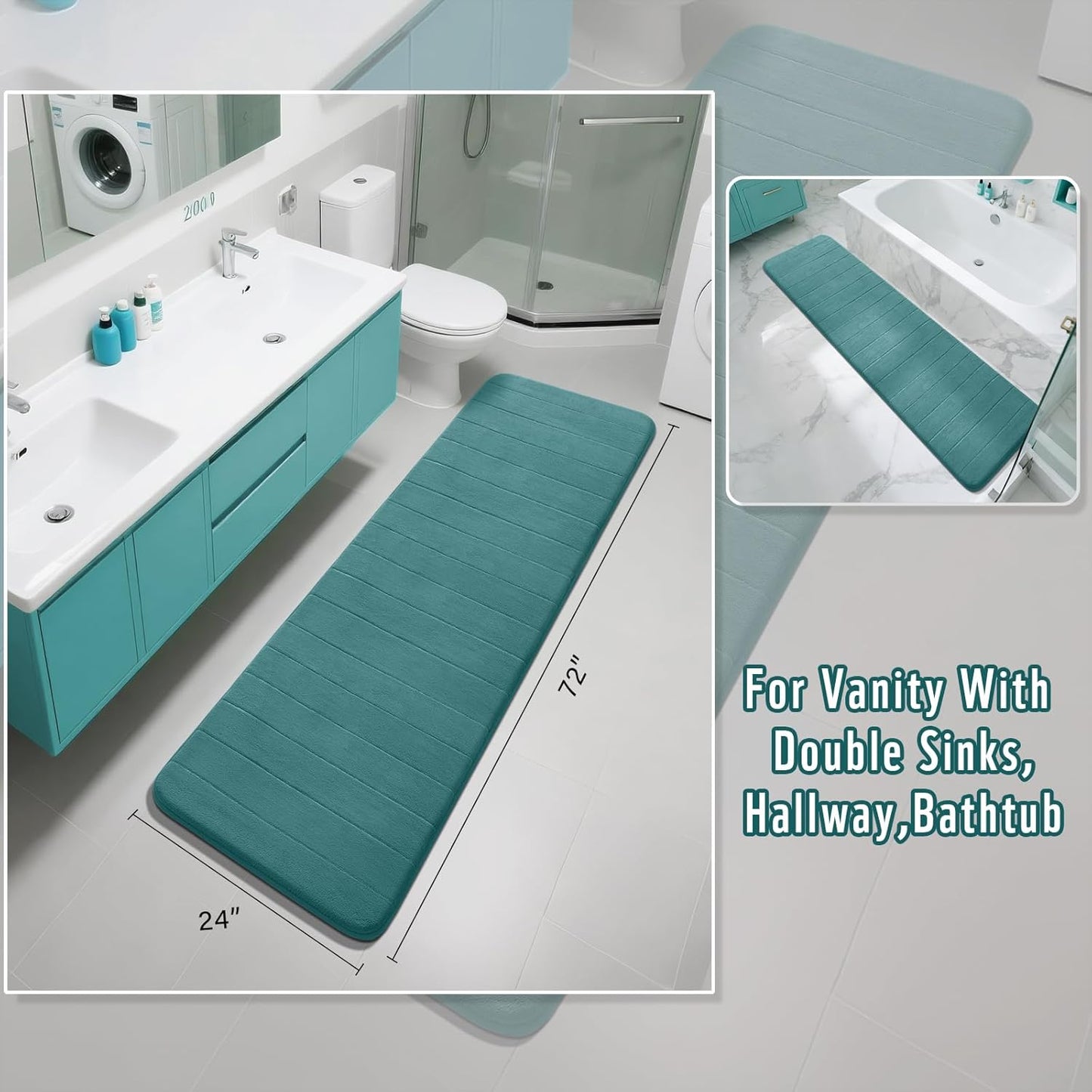 Yimobra Bathroom Runner Rugs 72"x24" Non Slip Washable Memory Foam Bath Mat, Super Soft Water Absorbent Hallway Carpet for Vanity Tub Shower, Teal