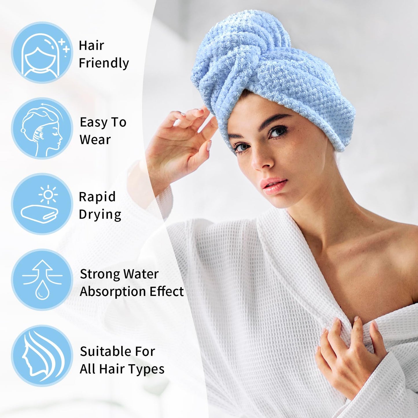 3 Pack Microfiber Hair Towel Wrap for Women 25.4"x9.8", Super Absorbent Hair Towel Wrap, Quick Dry Hair Towels with Button for Curly Hair Anti Frizz (Blue,Green,Gray)