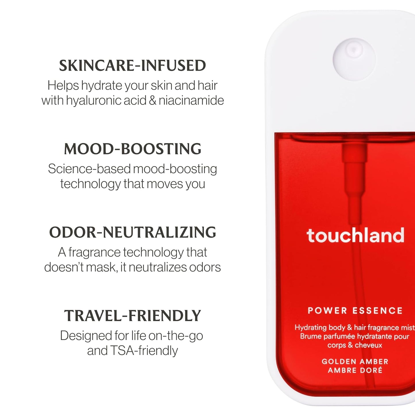 Touchland Power Essence Hydrating Body & Hair Fragrance, Golden Amber, 2 FL. OZ. Travel Size Body Mist