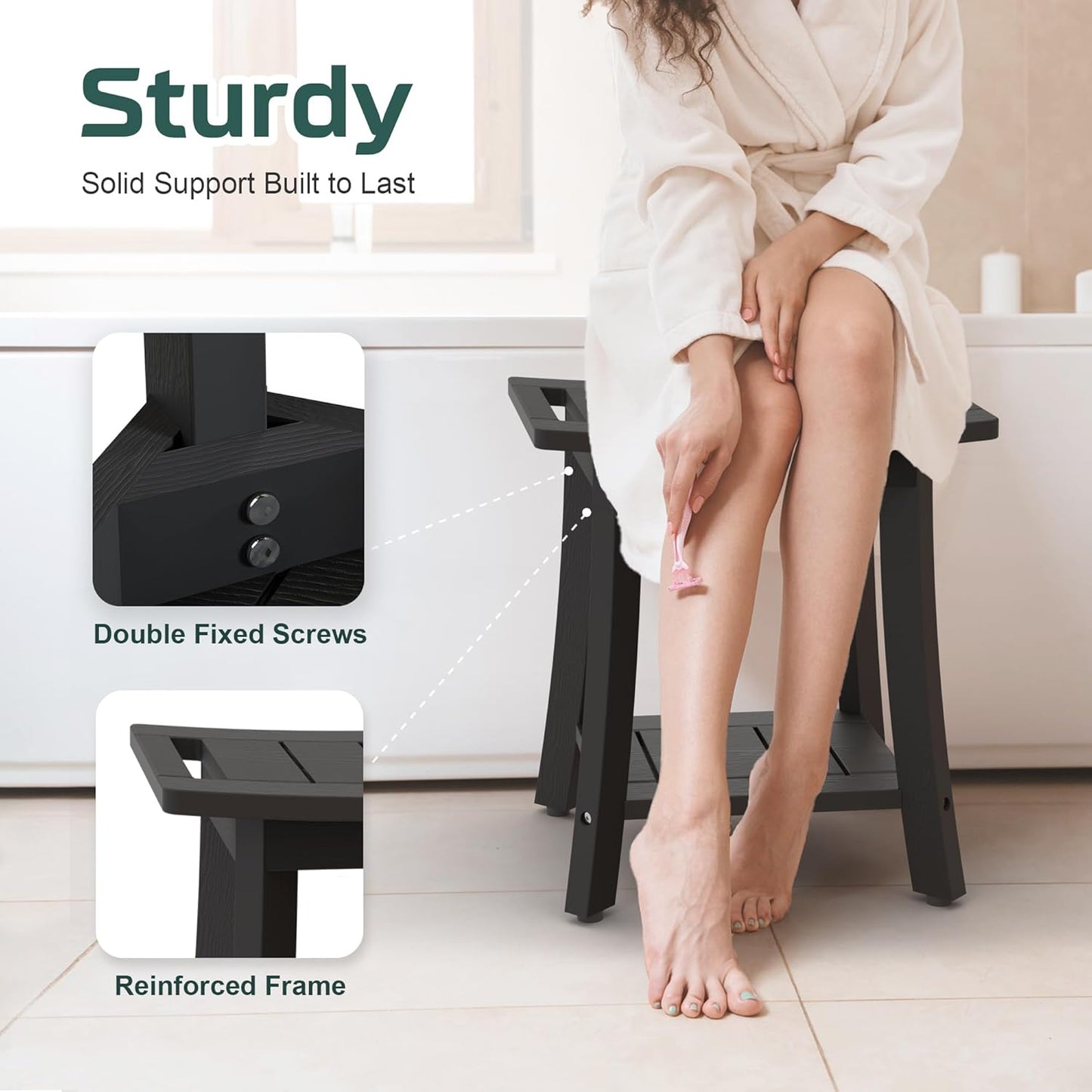 HIPS Shower Benches for Inside Shower, Waterproof Shower Stool with Storage Shelf & Adjustable Feet, SPA Bathroom Seat Chair for Shaving Legs, Indoor or Outdoor Use, Black