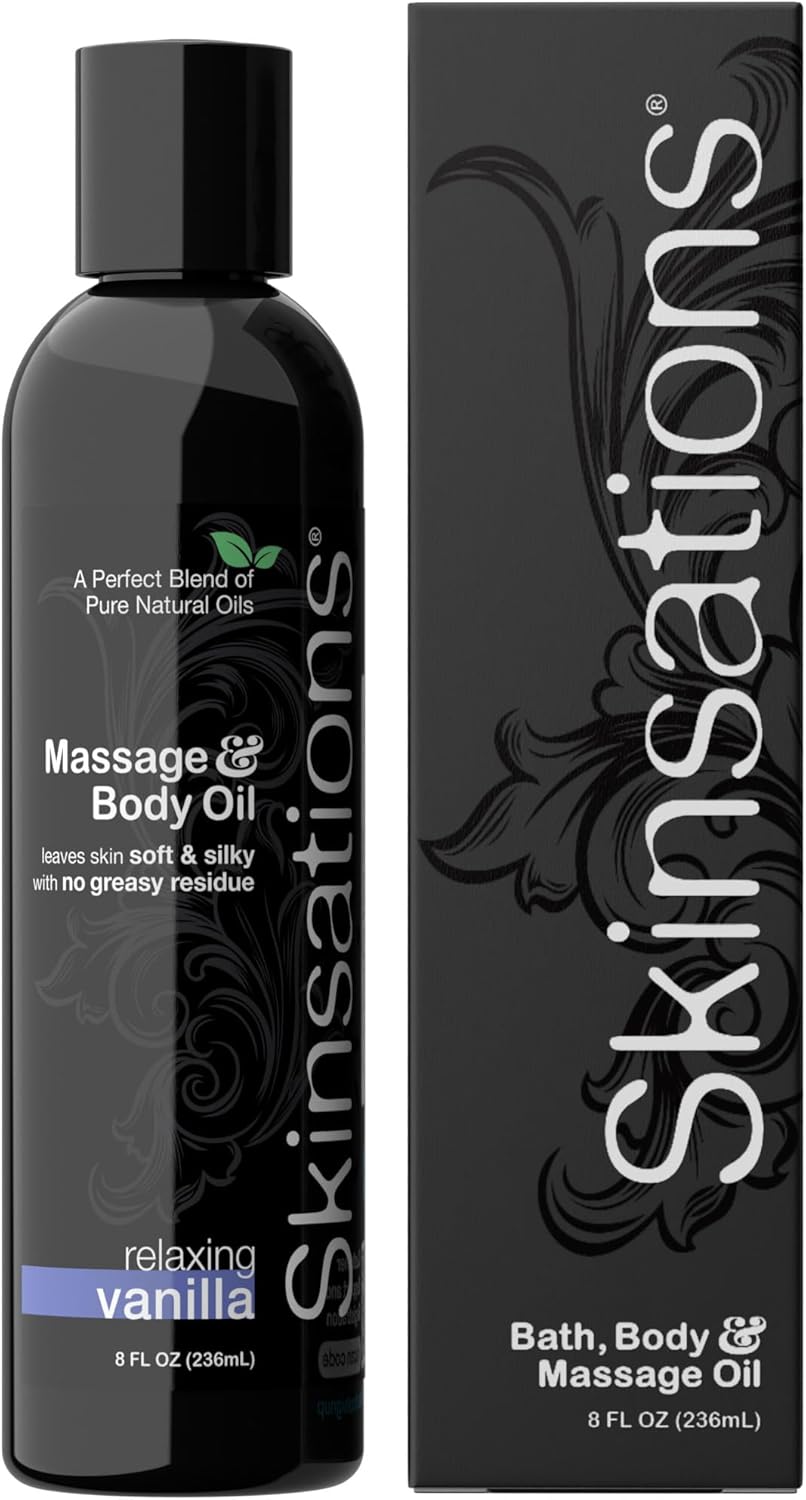 Skinsations - Vanilla Massage Oil for Massage Therapy - 8oz | Body Oil for Relaxation, Sore Muscles & Aromatherapy | Sweet Almond, Coconut, Jojoba & Grapeseed Blend