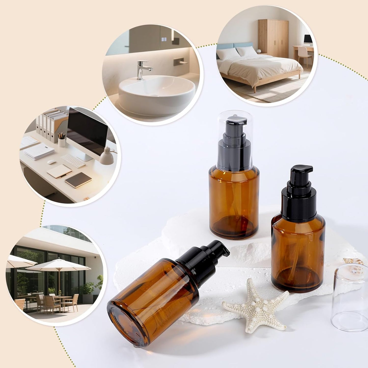 Segbeauty 2oz Refillable Glass Travel Bottles for Toiletries, 3pcs Amber Lotion Pump Bottles Empty, 60ml Mini Travel Lotion Container, Small Liquids Container Bottle Pump Dispener for Creams Oils
