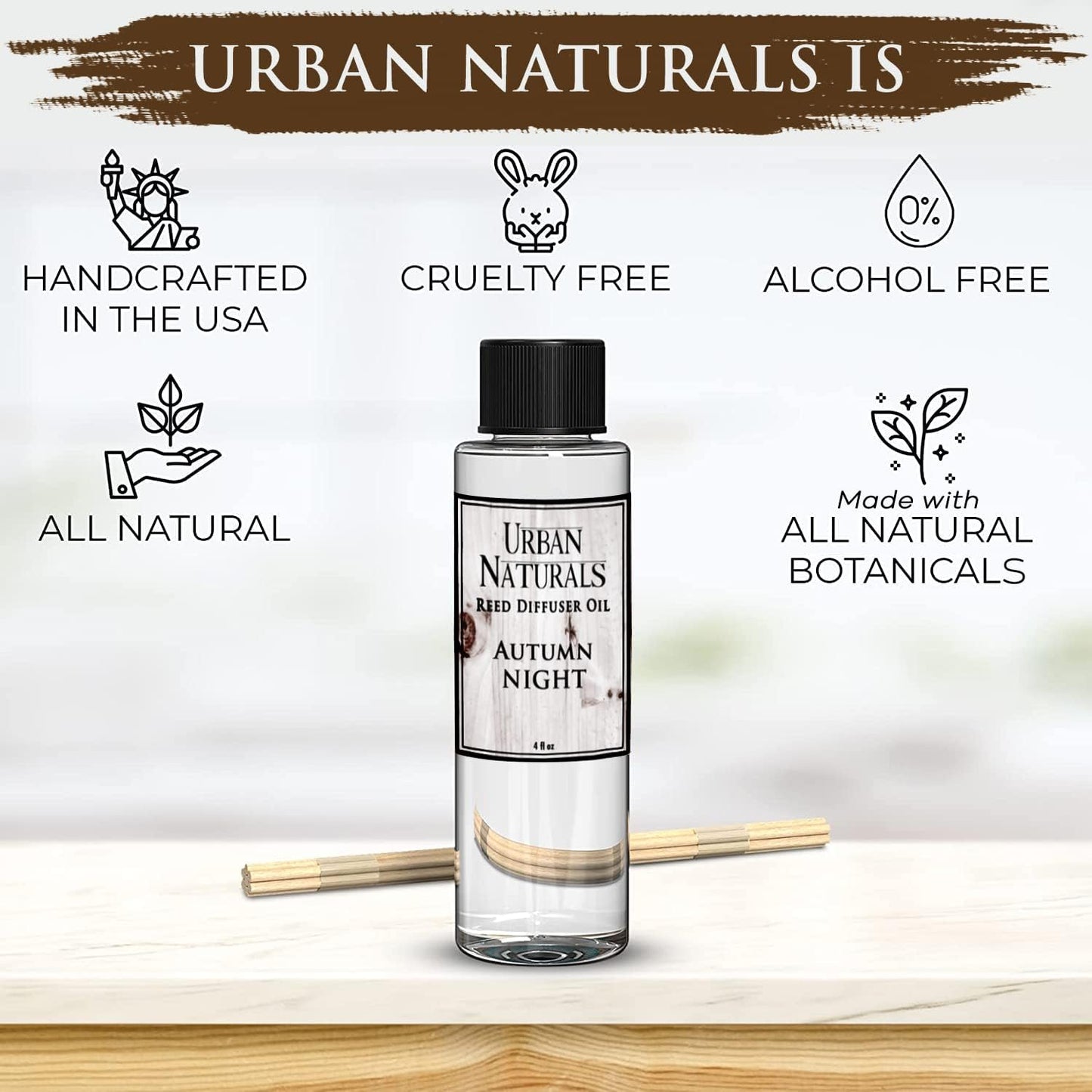 Urban Naturals Autumn Night Reed Diffuser Refill Oil with Free Set of Reed Sticks. Woodsy Fall Scent – Cinnamon, Nutmeg, Clove, Apple, Cedar & Sandalwood, 4 oz