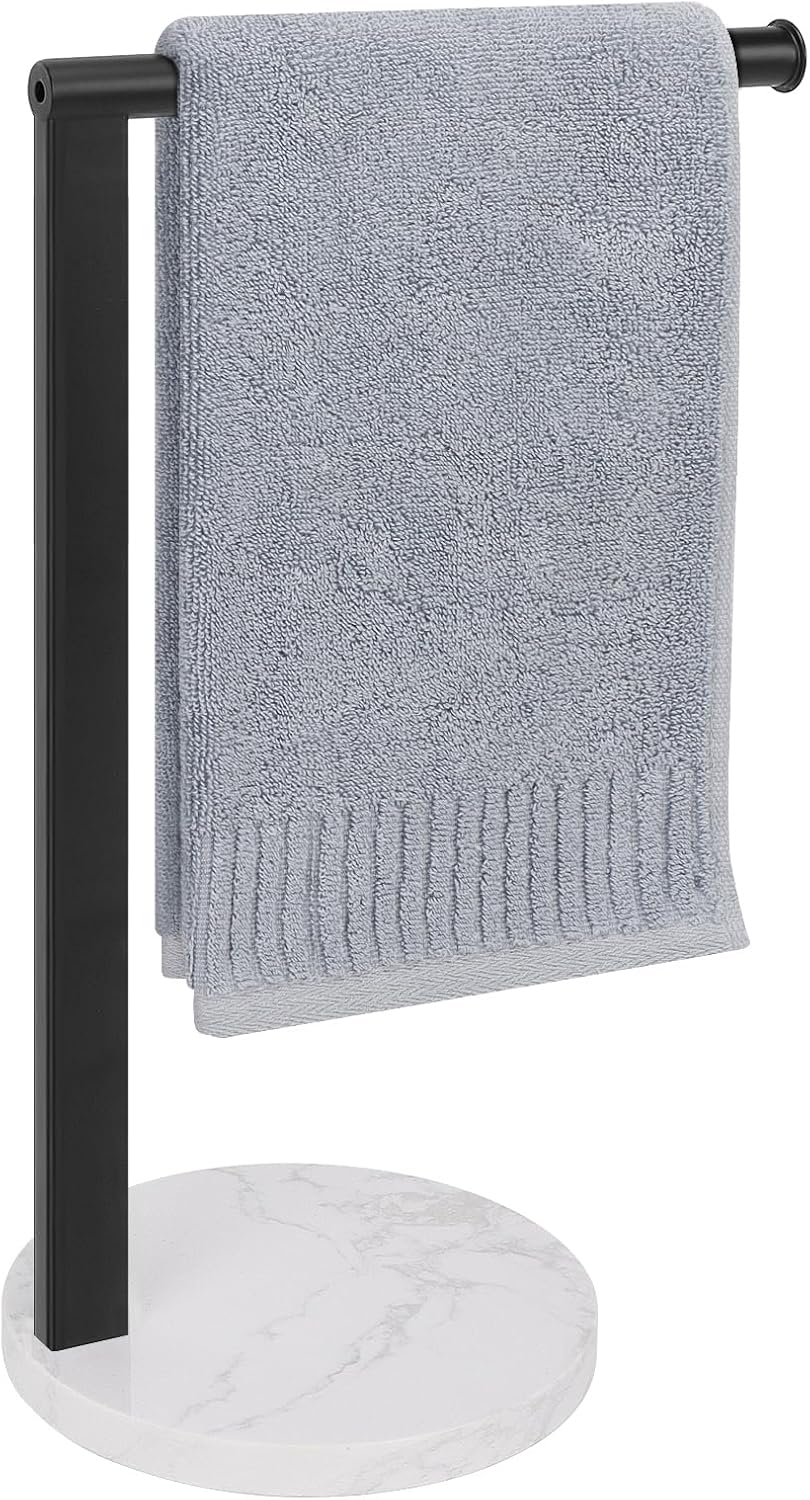 Hand Towel Holder Stand for Bathroom, L- Shaped Standing Hand Towel Rack, Towel Bar Kitchen Vanity Countertop Organizer, Metal Material (Marble Base,14' H Matte Black)
