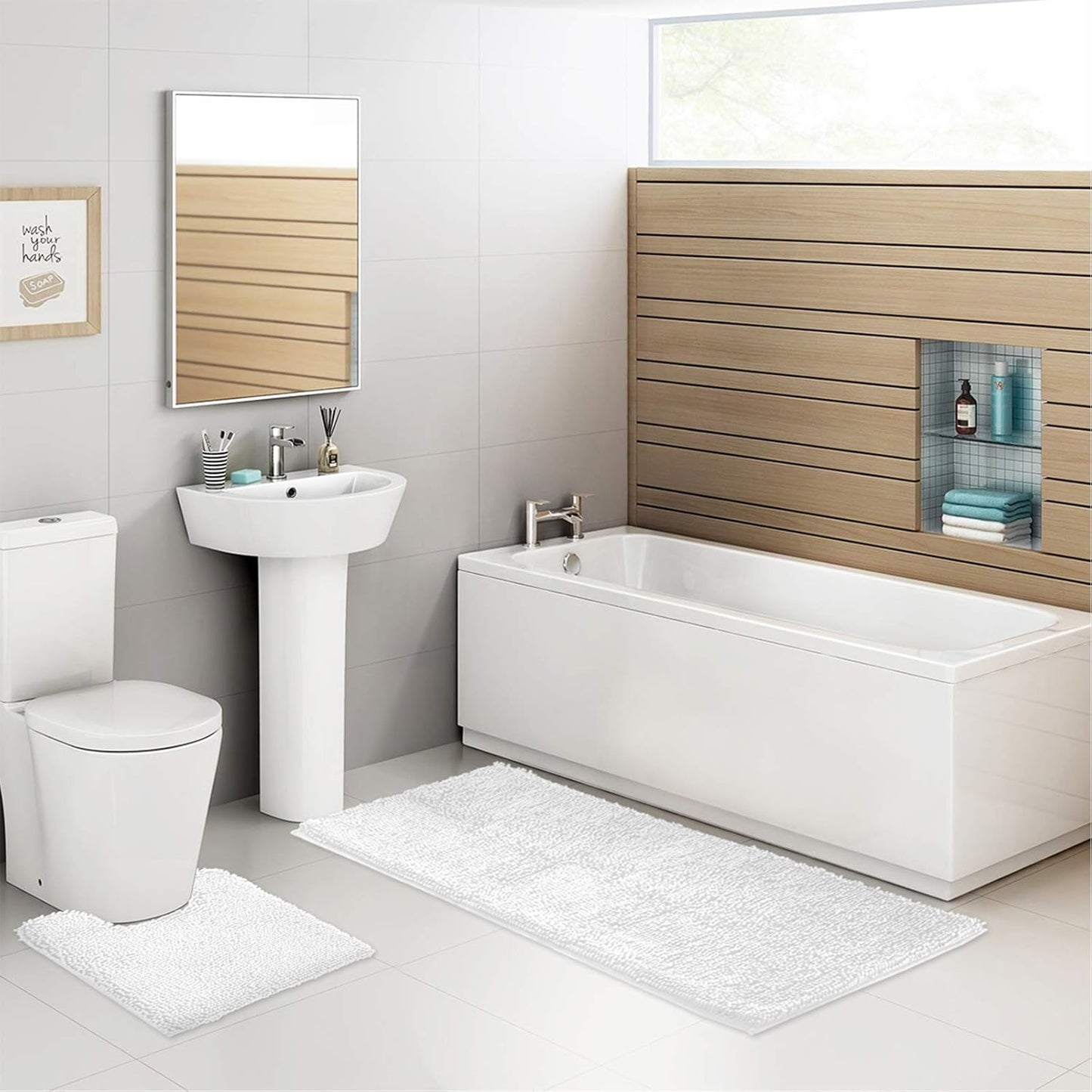 ITSOFT 3pc Non-Slip Shaggy Chenille Bathroom Mat Set, Includes 24 x 21 Inches U-Shaped Contour Toilet Rug, 34 x 21 Inches Bathmat and 1 Toilet Lid Cover, White