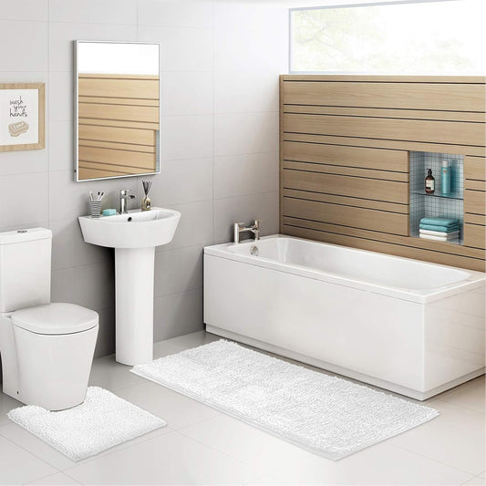 ITSOFT 3pc Non-Slip Shaggy Chenille Bathroom Mat Set, Includes 24 x 21 Inches U-Shaped Contour Toilet Rug, 34 x 21 Inches Bathmat and 1 Toilet Lid Cover, White