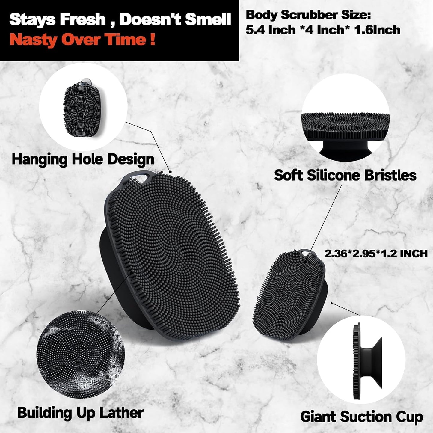Soft Silicone Body Scrubber, Gentle Like a Hand Exfoliating Your Skin and Build Up Lather, Back Large Suction Cup Easy to Store, & Deep Clean (Body Scrubber + Face Scrubber Black)